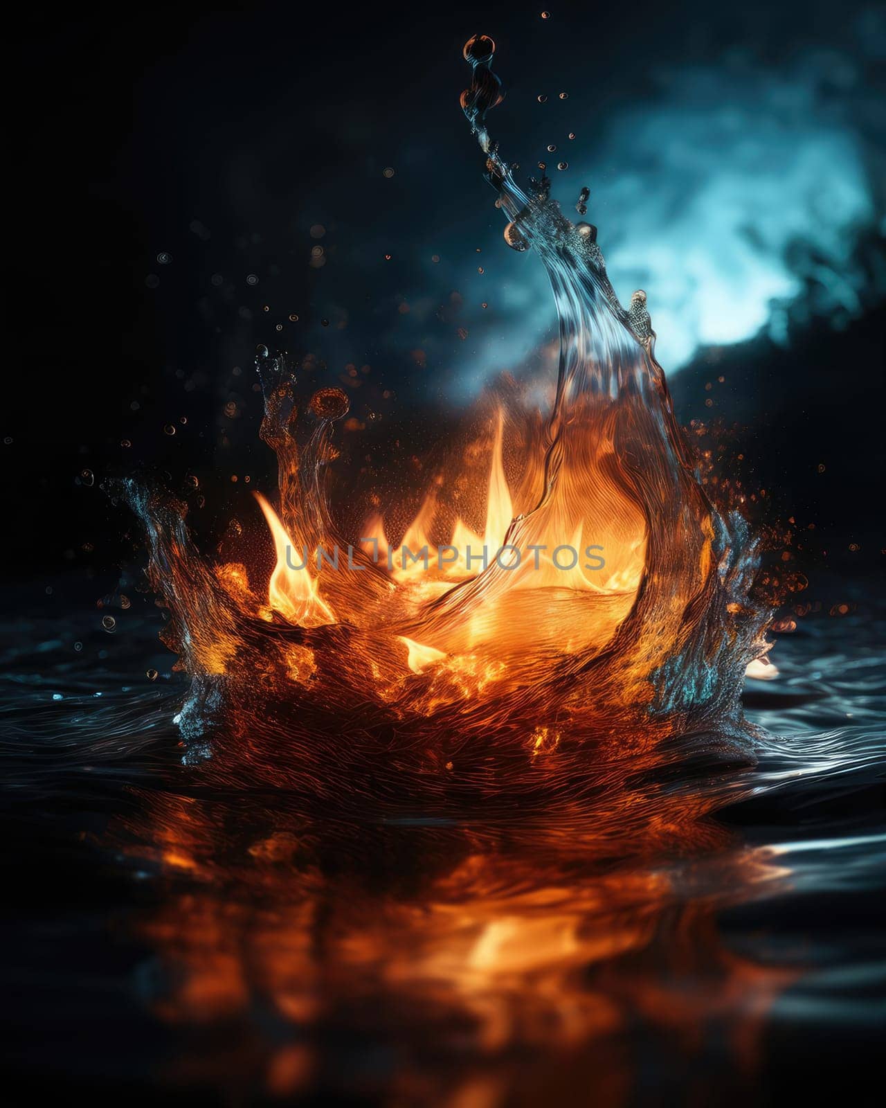 Fiery flames clash with surging water in a dynamic battle of elements. The wild flame battles the cool water in an iconic elemental confrontation.