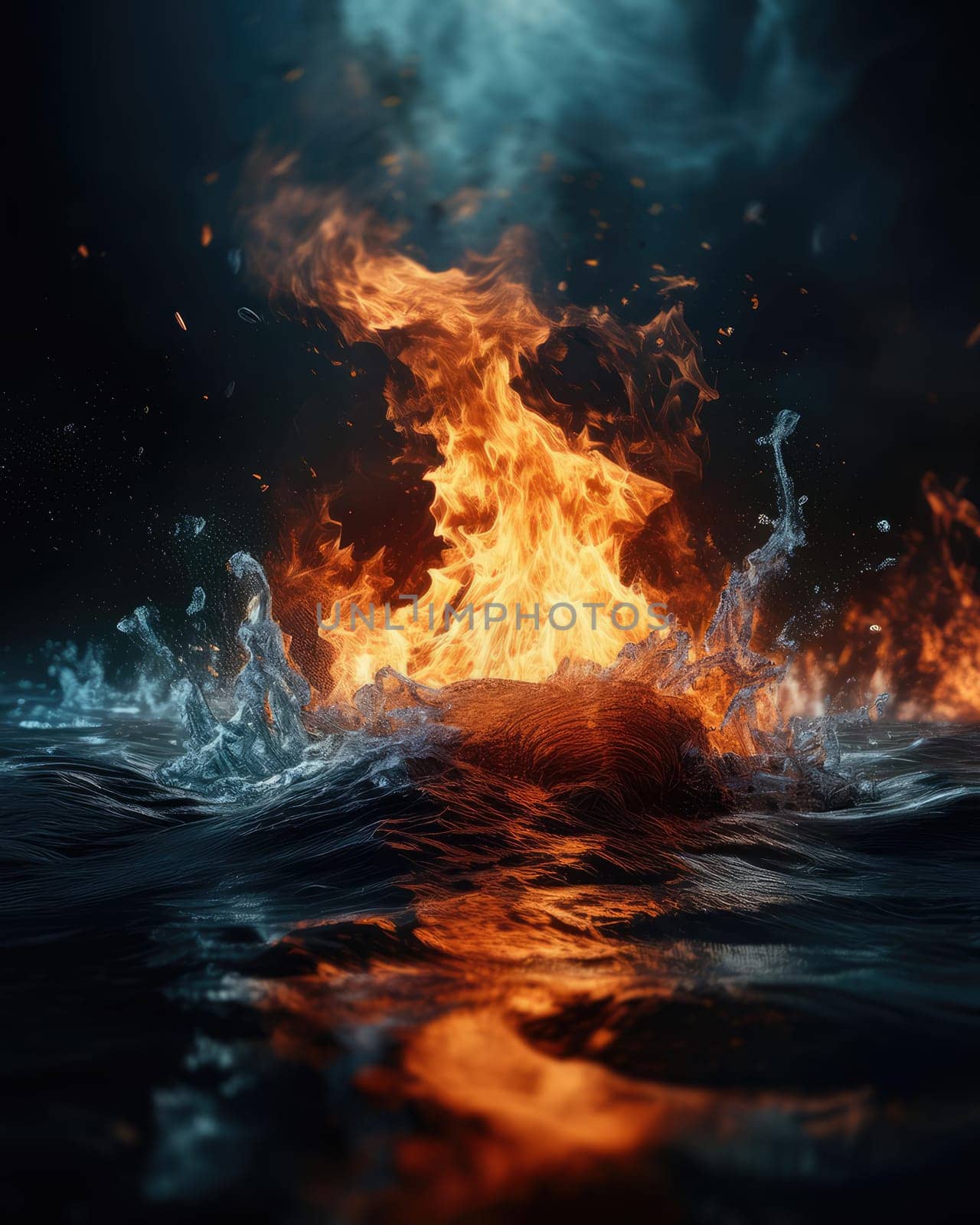 Fiery flames clash with surging water in a dynamic battle of elements. The wild flame battles the cool water in an iconic elemental confrontation.