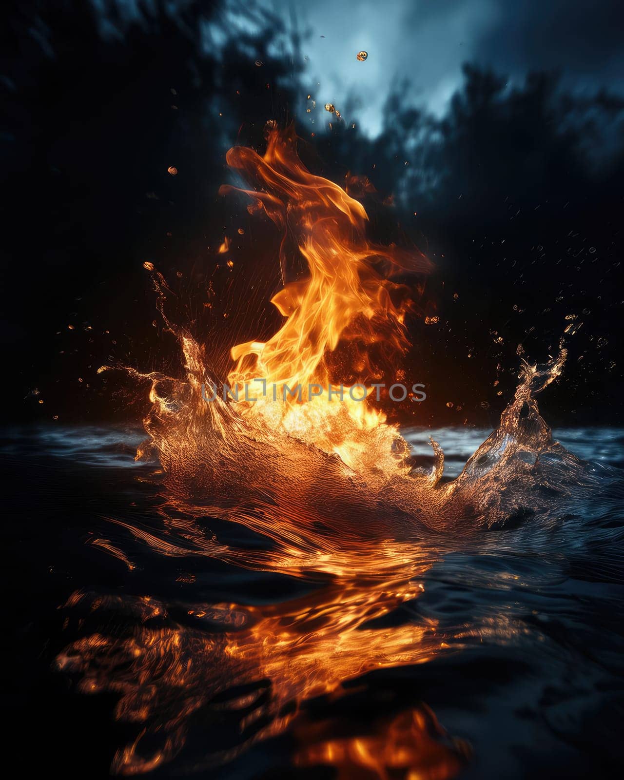 Fiery flames clash with surging water in a dynamic battle of elements. The wild flame battles the cool water in an iconic elemental confrontation.