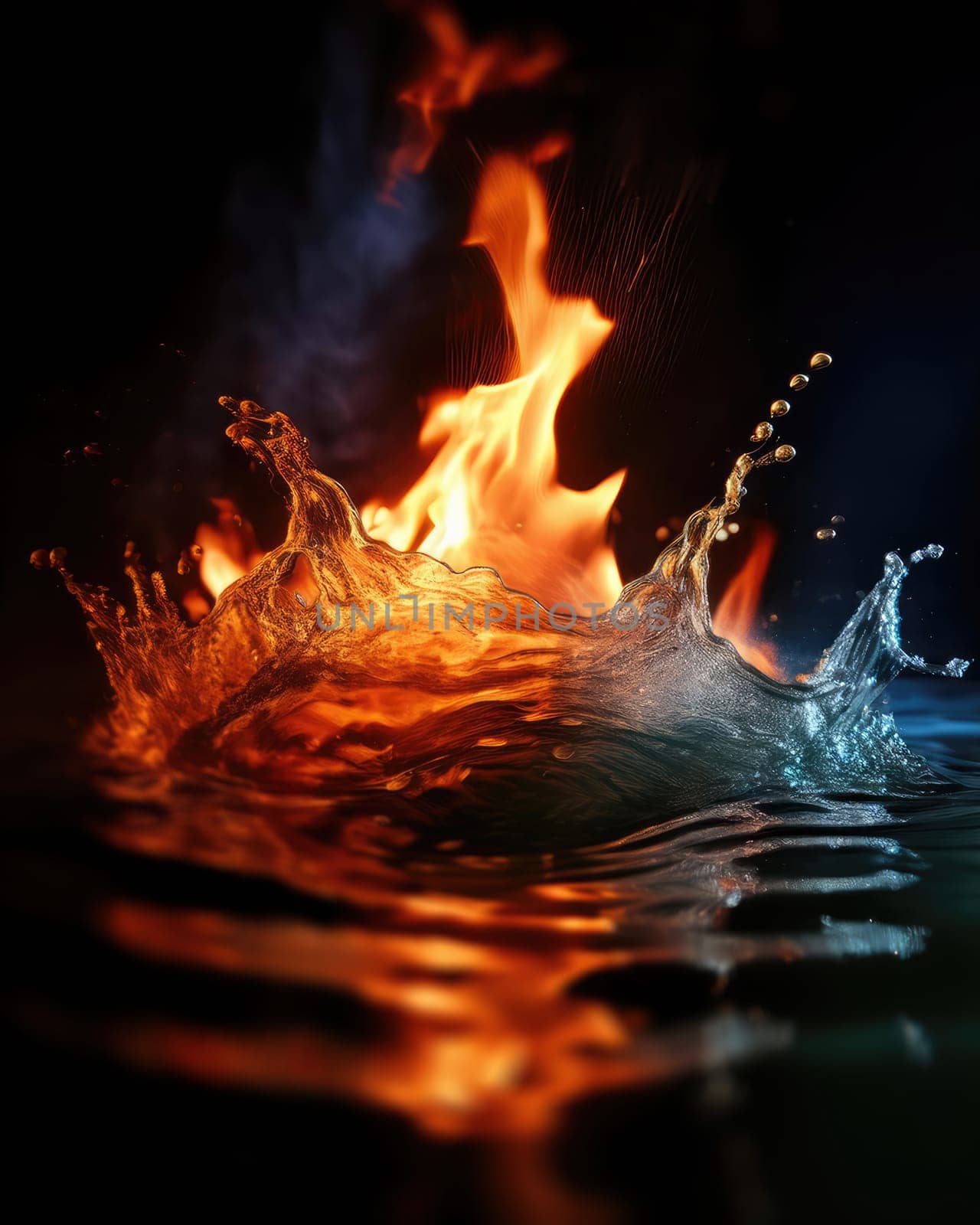 Fiery flames clash with surging water in a dynamic battle of elements. The wild flame battles the cool water in an iconic elemental confrontation.
