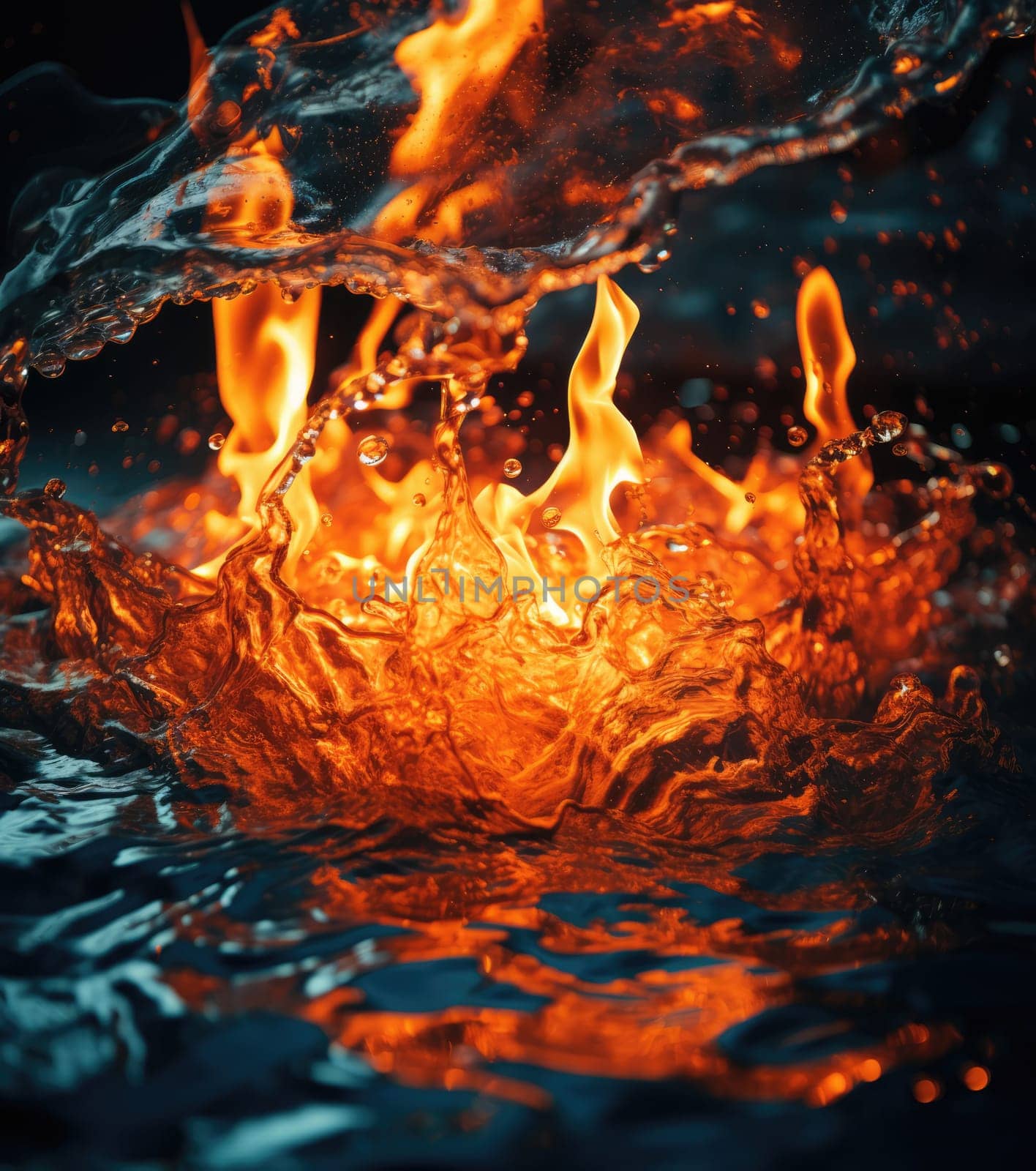 Fiery flames clash with surging water in a dynamic battle of elements. The wild flame battles the cool water in an iconic elemental confrontation.