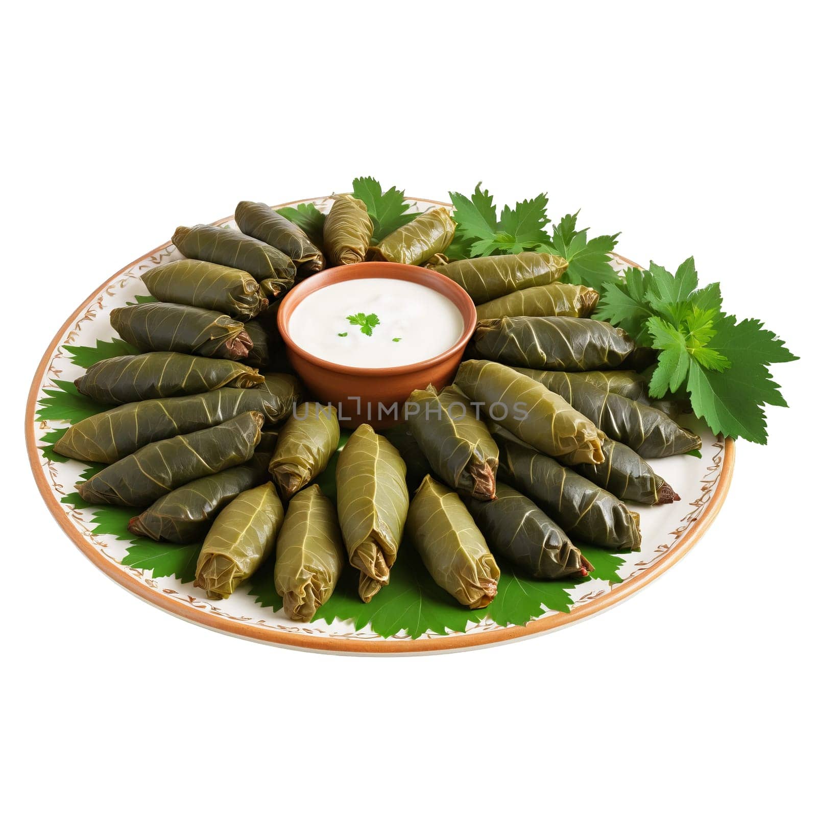 Azerbaijani dolma grape leaves meat rice herbs stacked served with yogurt sauce Culinary and Food. close-up food, isolated on transparent background