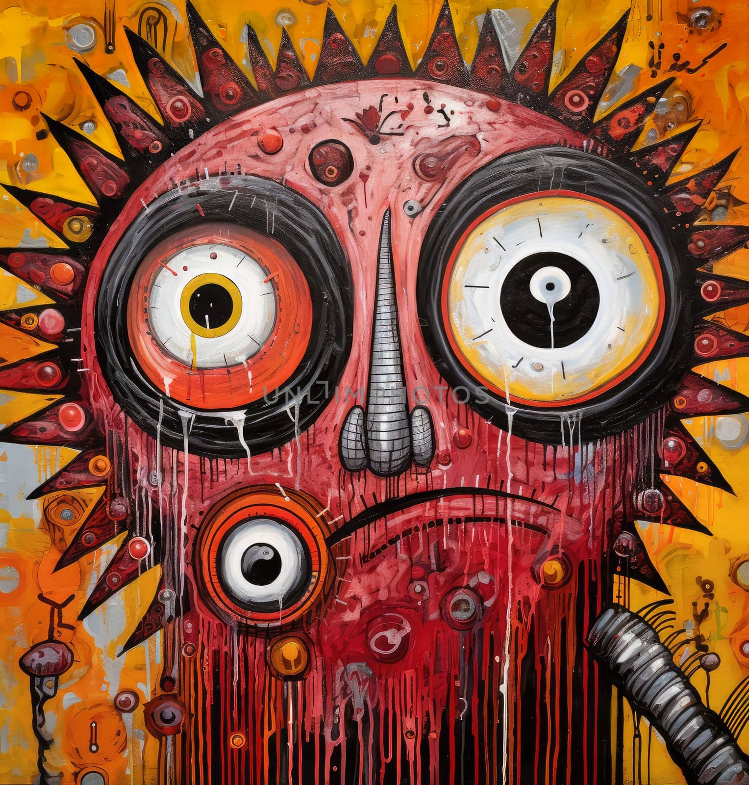 Abstract sorrealistic painting of creatures in psychedelic pop art style. Otherworld of fantasy and grotesque forms. 