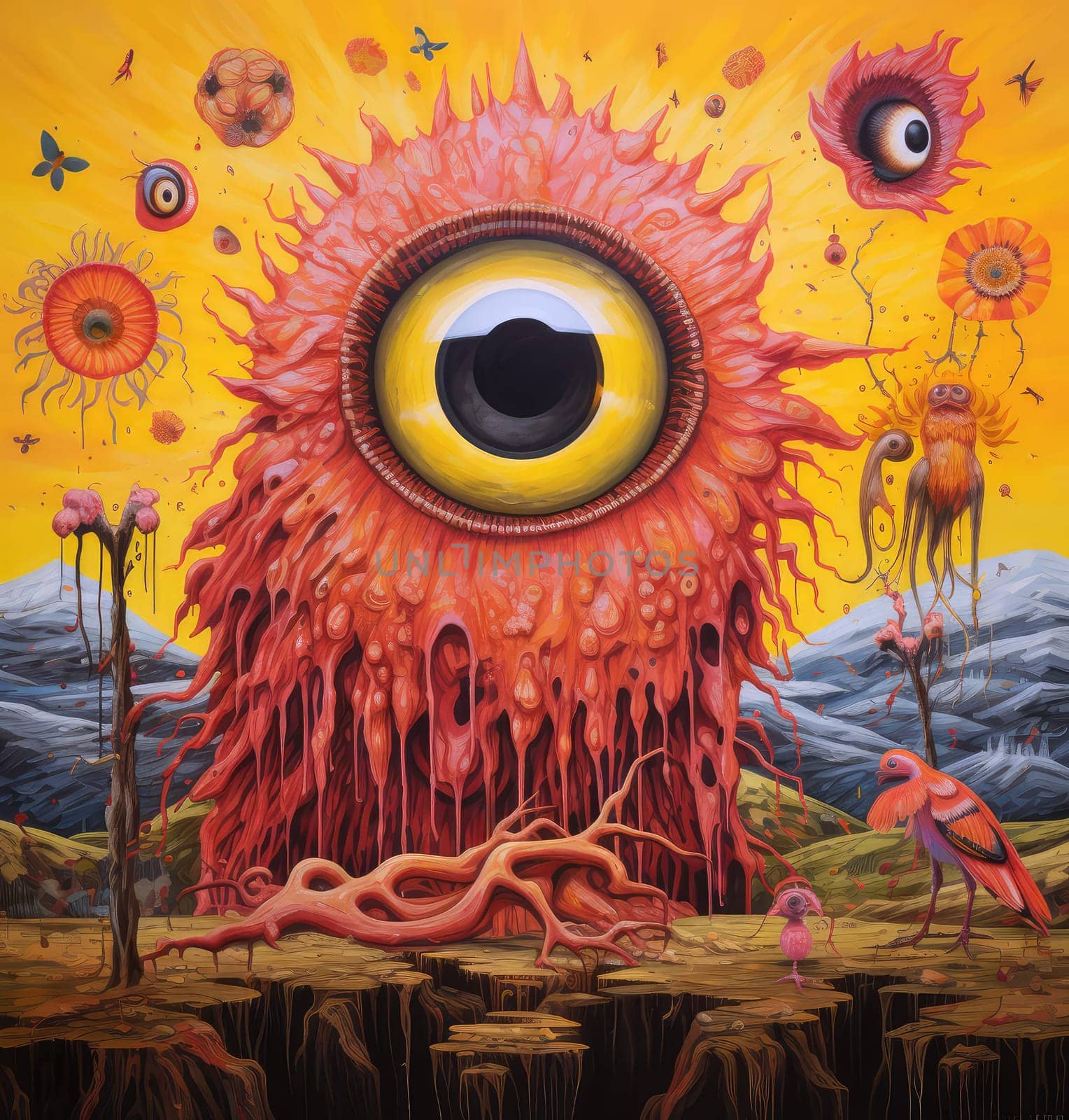Abstract sorrealistic painting of creatures in psychedelic pop art style. Otherworld of fantasy and grotesque forms. 