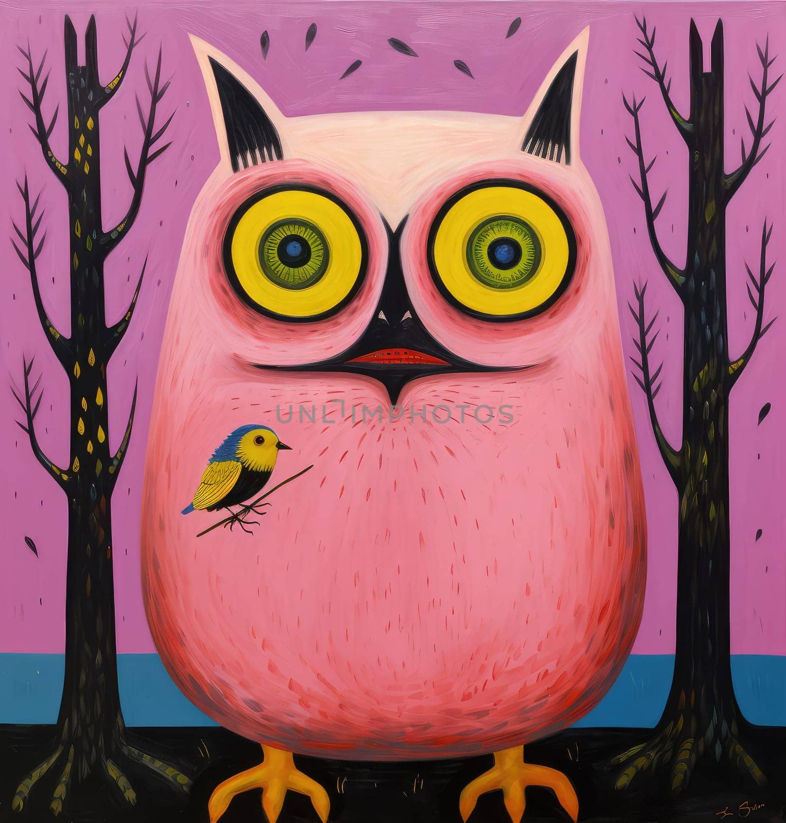 Abstract sorrealistic painting of creatures in psychedelic pop art style. Otherworld of fantasy and grotesque forms. 