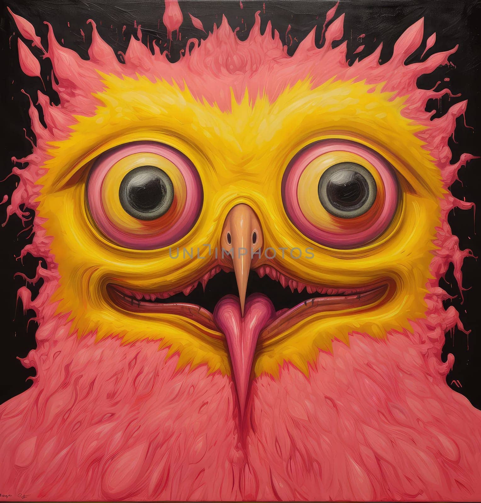 Abstract sorrealistic painting of creatures in psychedelic pop art style. Otherworld of fantasy and grotesque forms. 