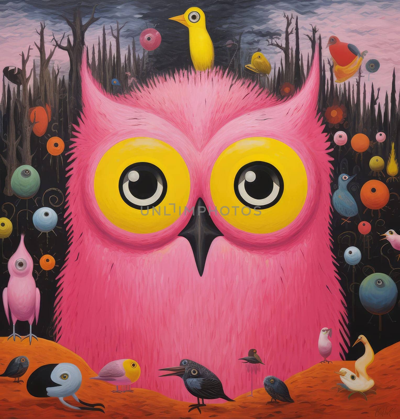 Abstract sorrealistic painting of creatures in psychedelic pop art style. Otherworld of fantasy and grotesque forms. 