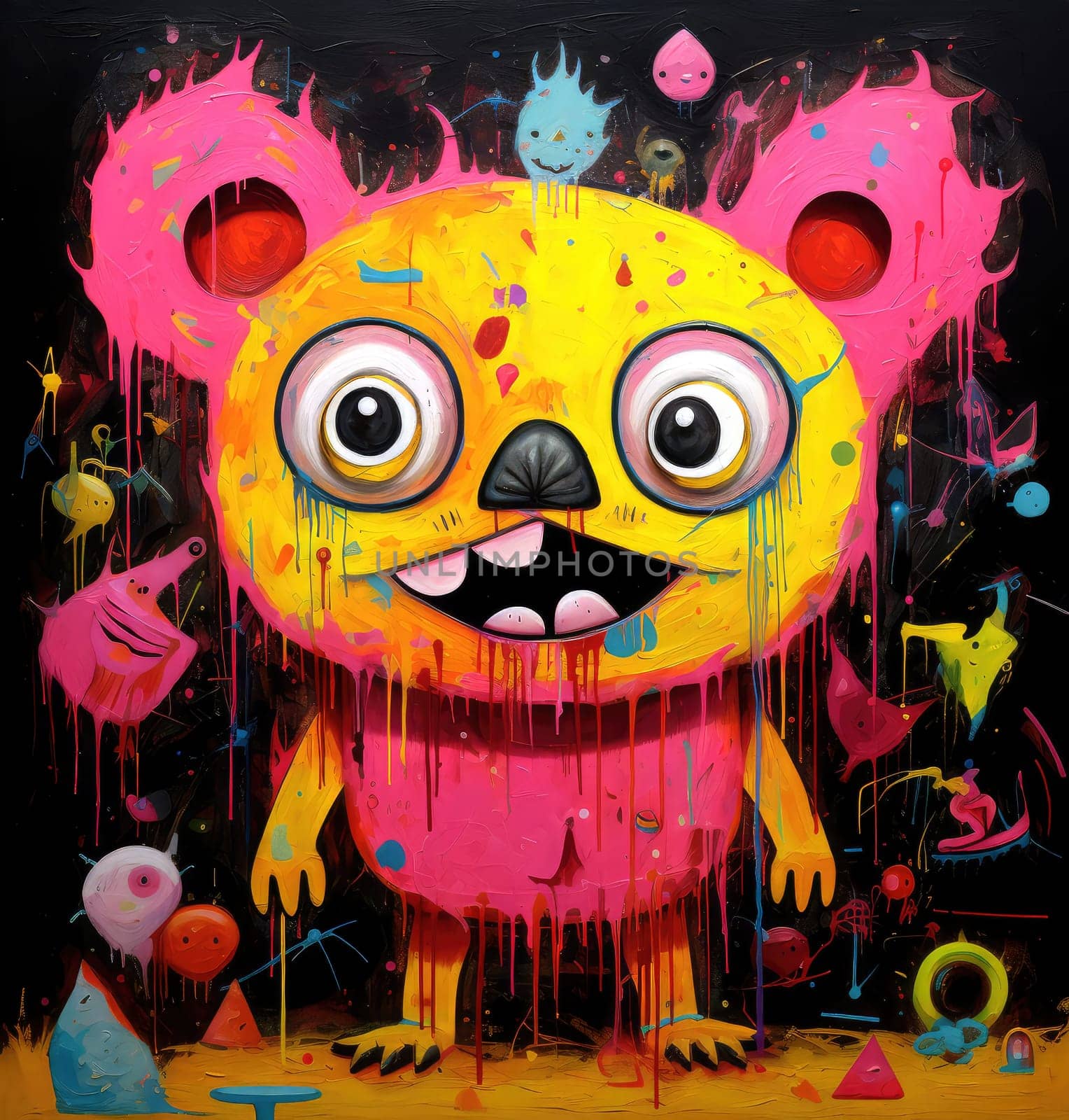 Abstract sorrealistic painting of creatures in psychedelic pop art style. Otherworld of fantasy and grotesque forms. 