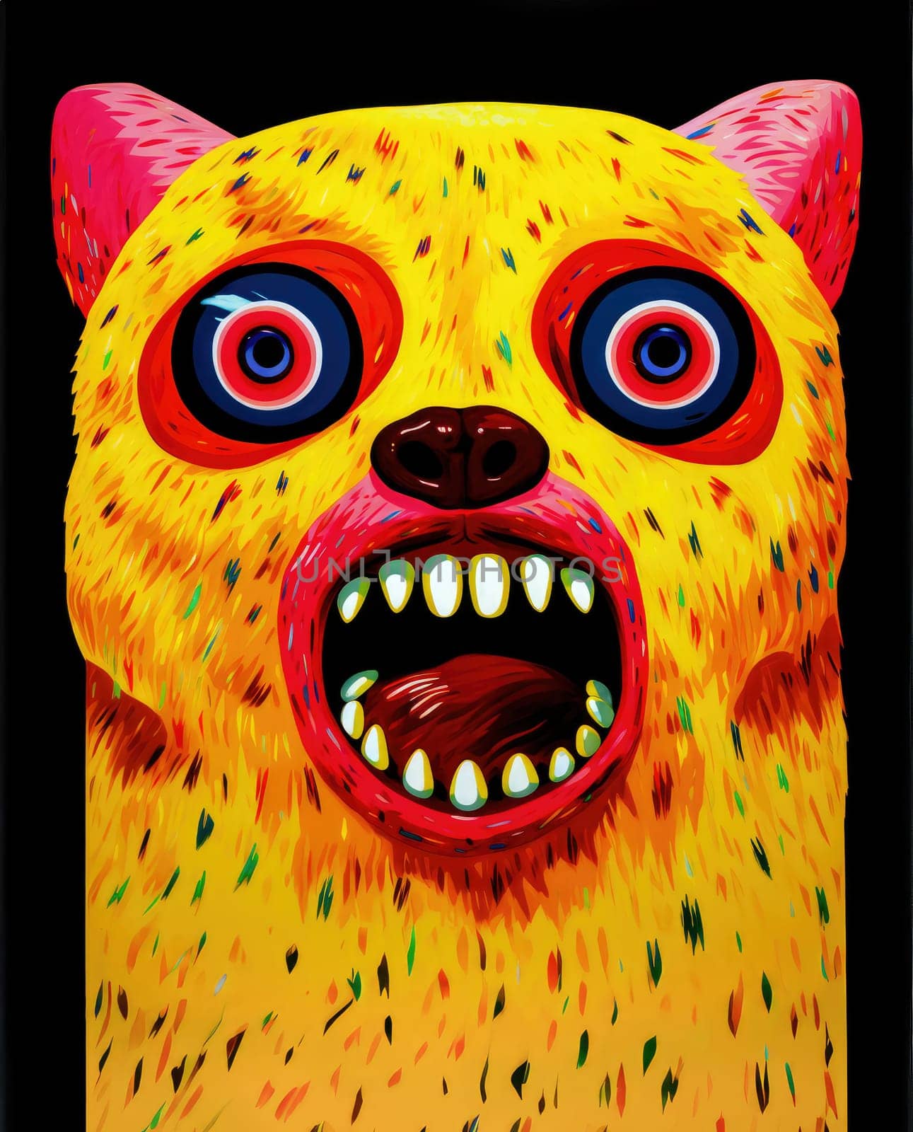 Abstract sorrealistic painting of creatures in psychedelic pop art style. Otherworld of fantasy and grotesque forms. 