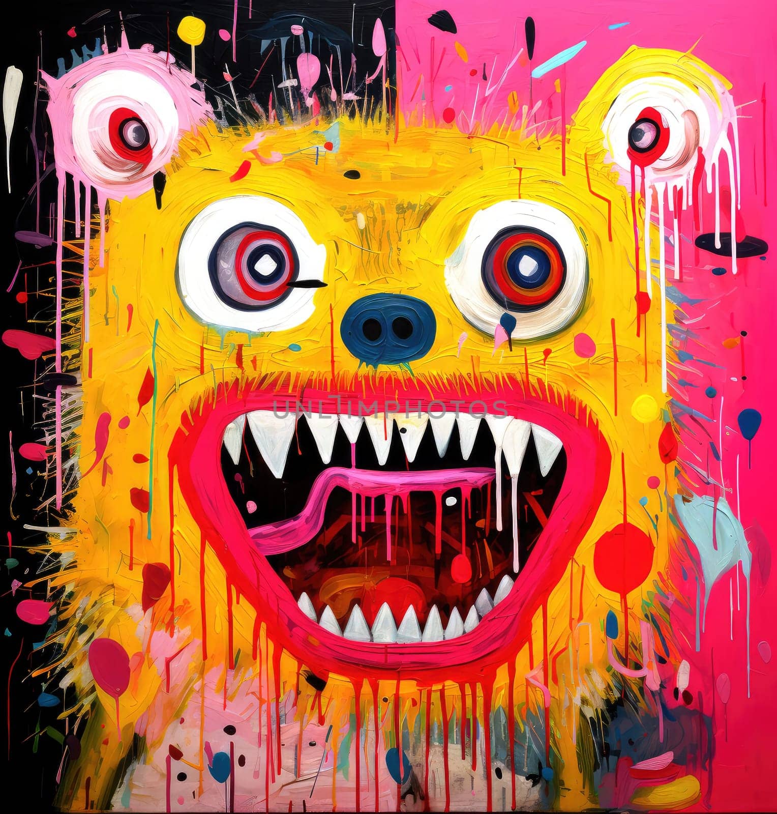 Abstract sorrealistic painting of creatures in psychedelic pop art style. Otherworld of fantasy and grotesque forms. 