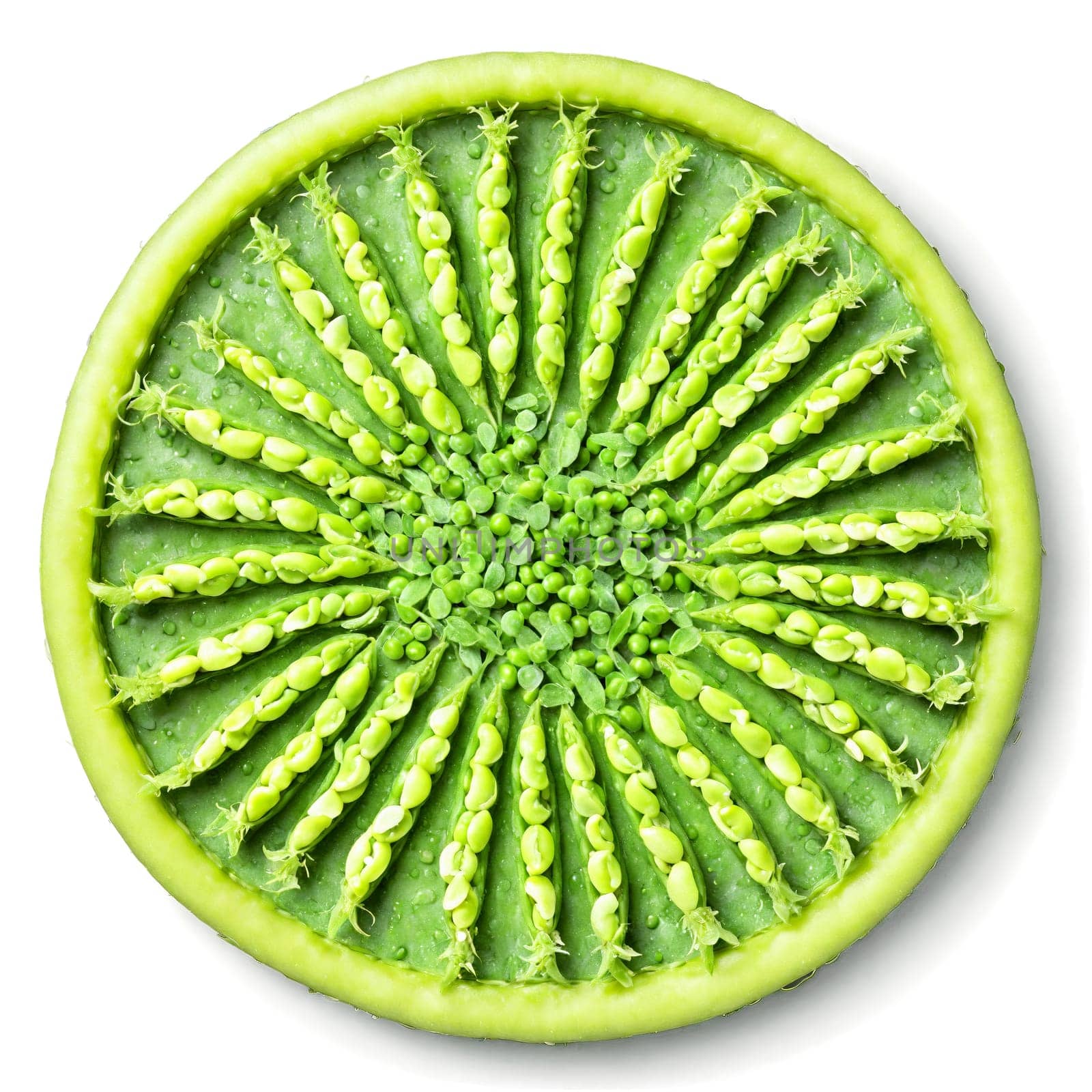 Pea Pod Mandala vibrant green pea pods arranged in a symmetrical circular composition peas glistening. Food isolated on transparent background.
