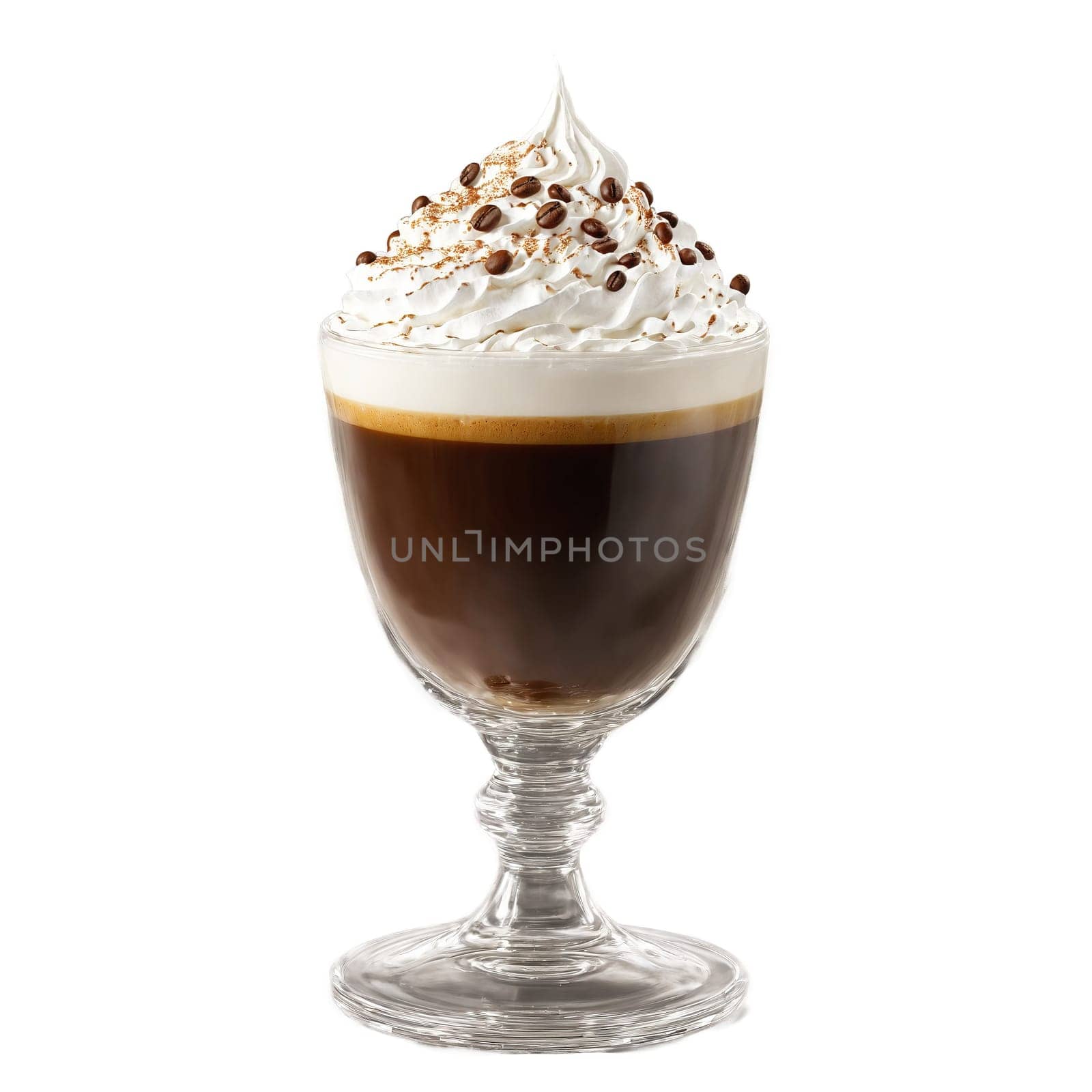 Irish coffee with whipped cream and coffee beans levitating and swirling Food and culinary concept. Food isolated on transparent background.