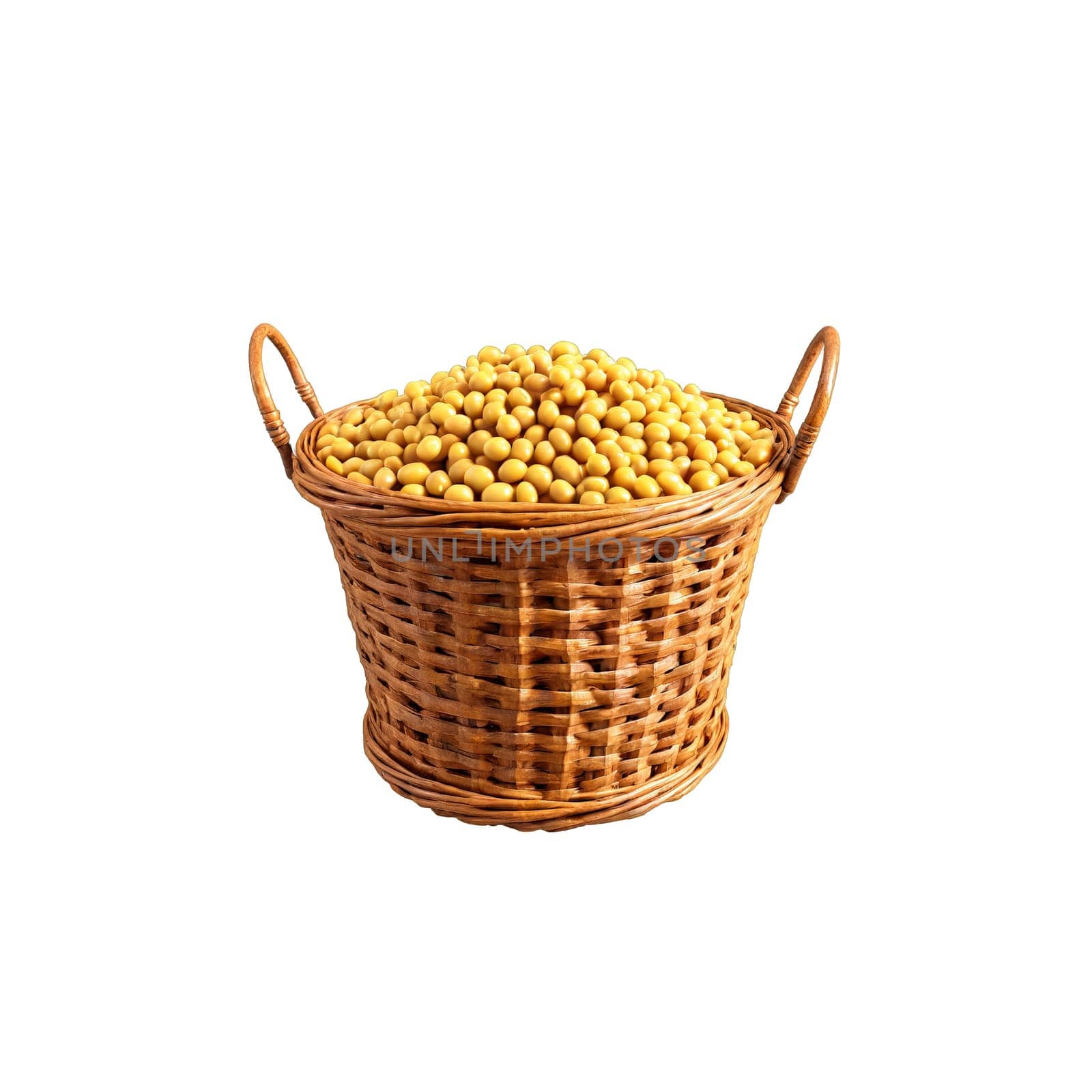 Soybeans glycine max yellow dried and cooked whirling over antique wicker basket water splashing Food. Food isolated on transparent background.