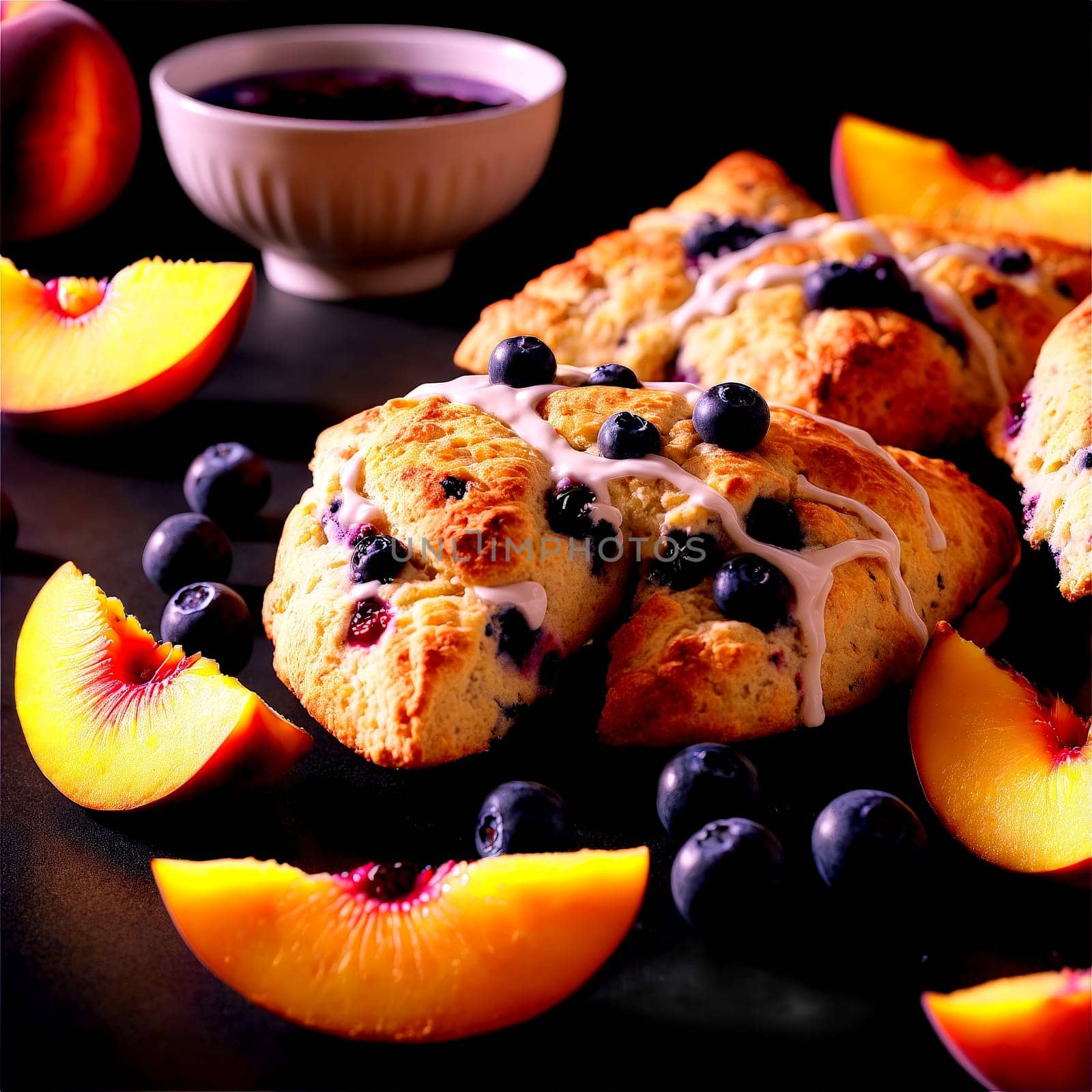 Peach blueberry scones golden wedges fresh fruit chunks tumbling Food and Culinary concept. Food isolated on transparent background.
