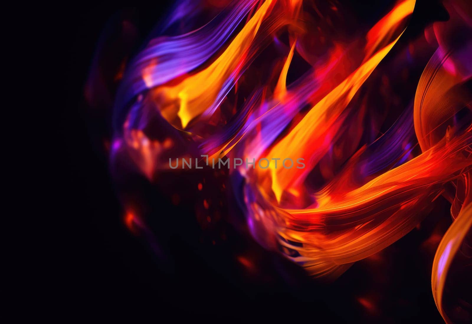 Abstact background and texture. Flowing waves of orange and purple light on black. A smooth, wavy blend of warm and cool tones.