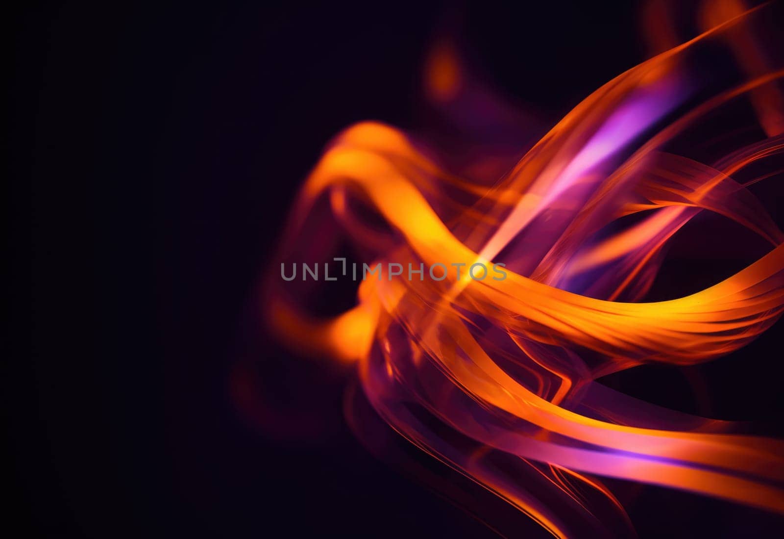 Abstact background and texture. Flowing waves of orange and purple light on black. A smooth, wavy blend of warm and cool tones.