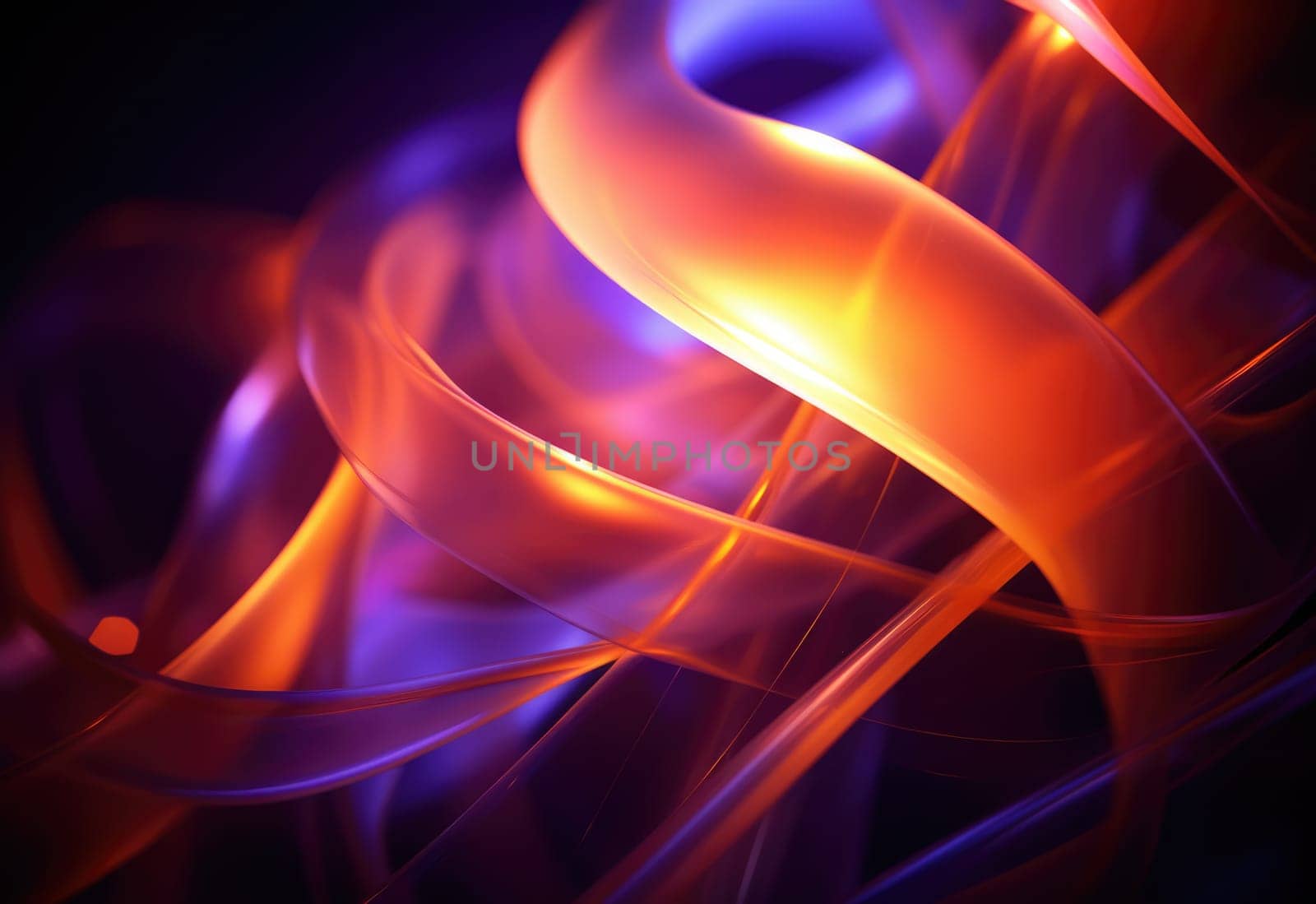 Abstact background and texture. Flowing waves of orange and purple light on black. A smooth, wavy blend of warm and cool tones.