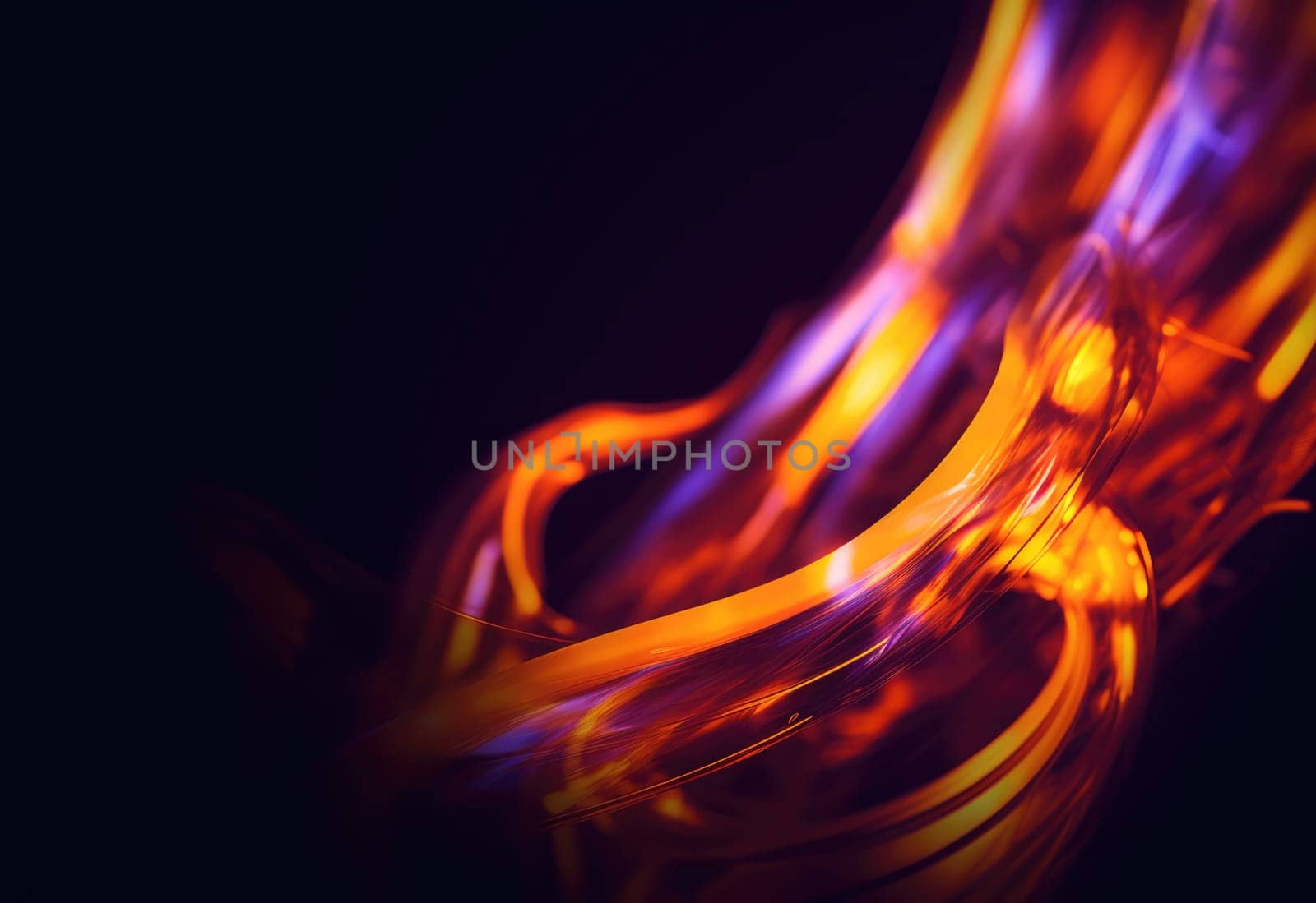 Abstact background and texture. Flowing waves of orange and purple light on black. A smooth, wavy blend of warm and cool tones.