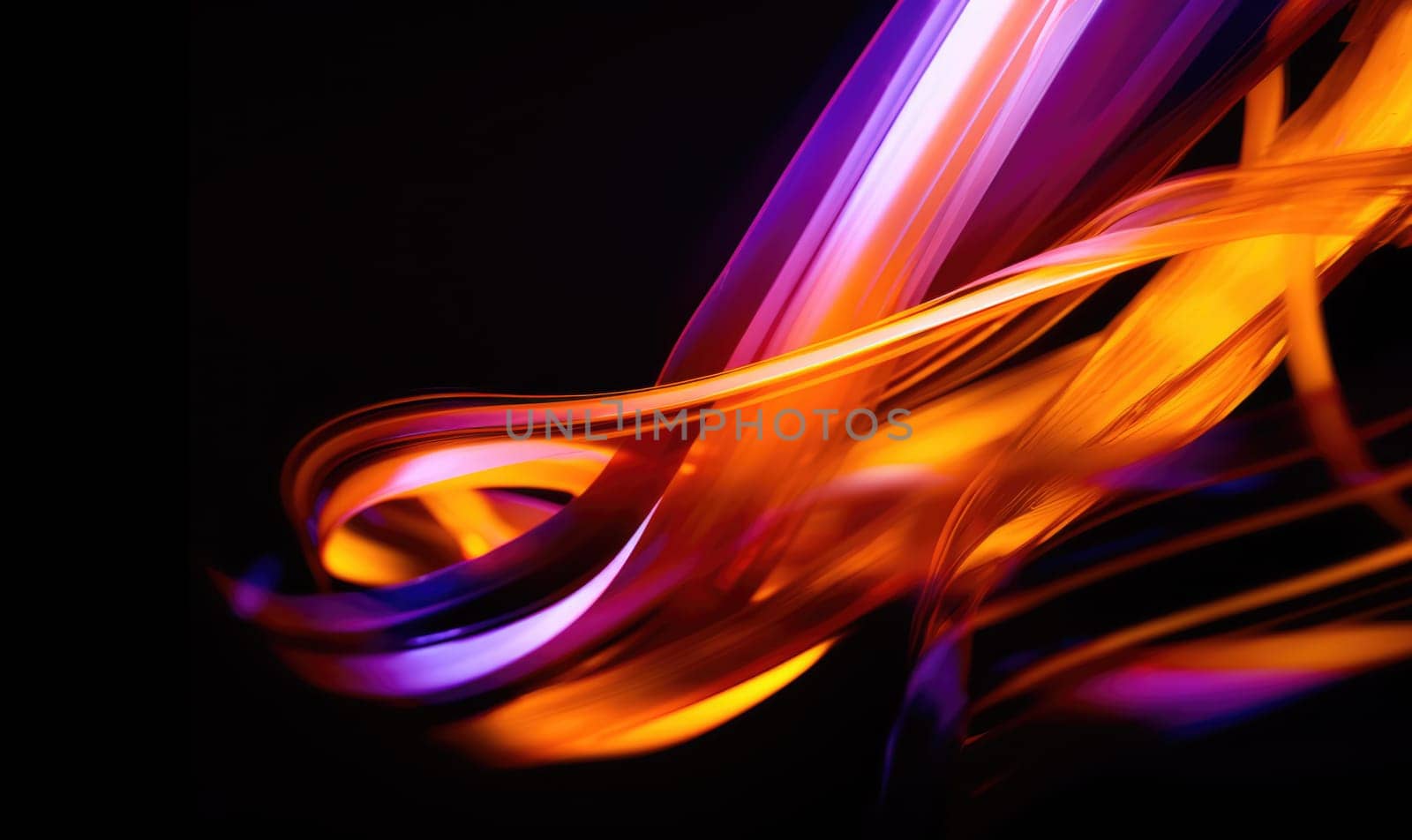Abstact background and texture. Flowing waves of orange and purple light on black. A smooth, wavy blend of warm and cool tones.