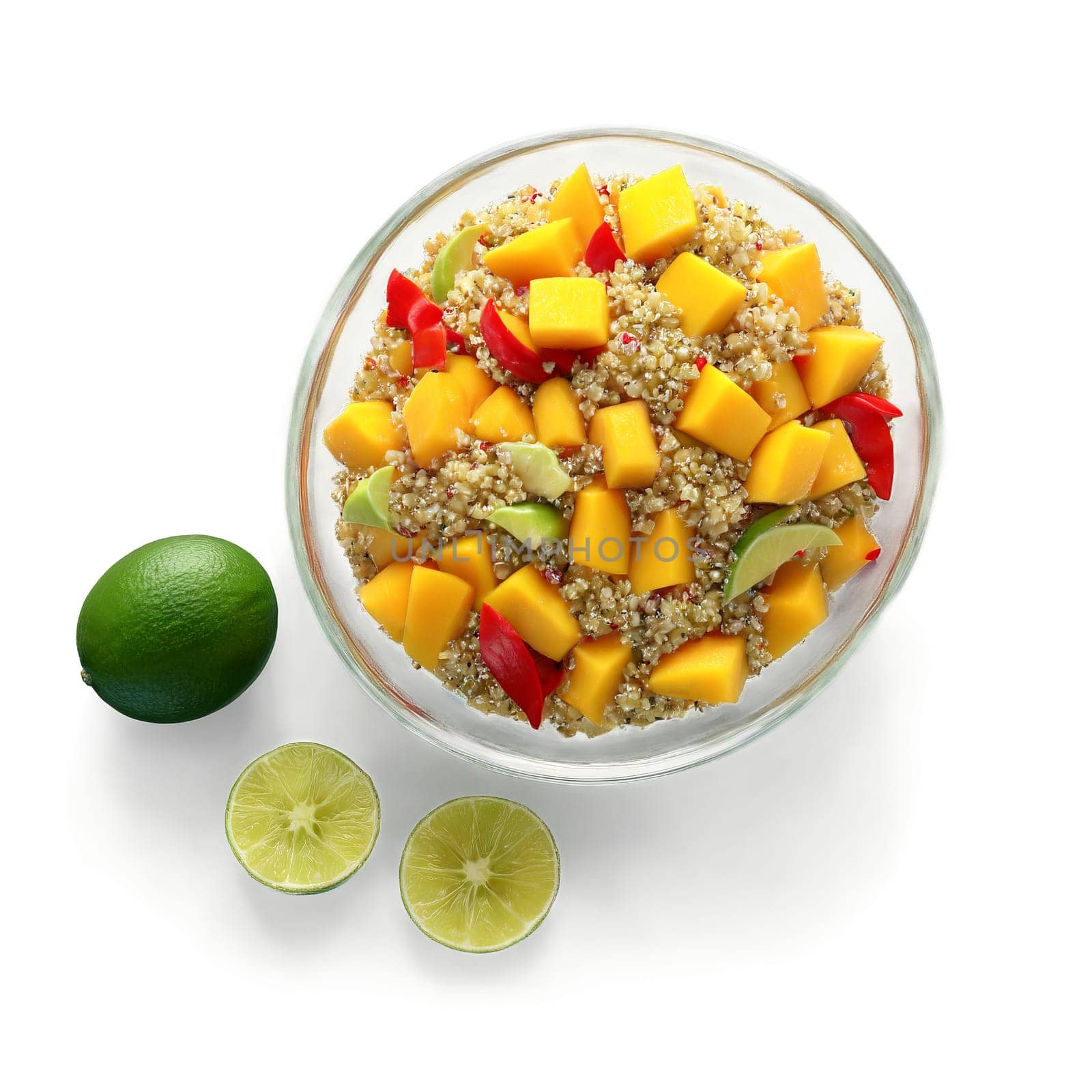 Mango and quinoa salad with diced mangoes quinoa red bell peppers and a lime dressing. close-up food, isolated on transparent background