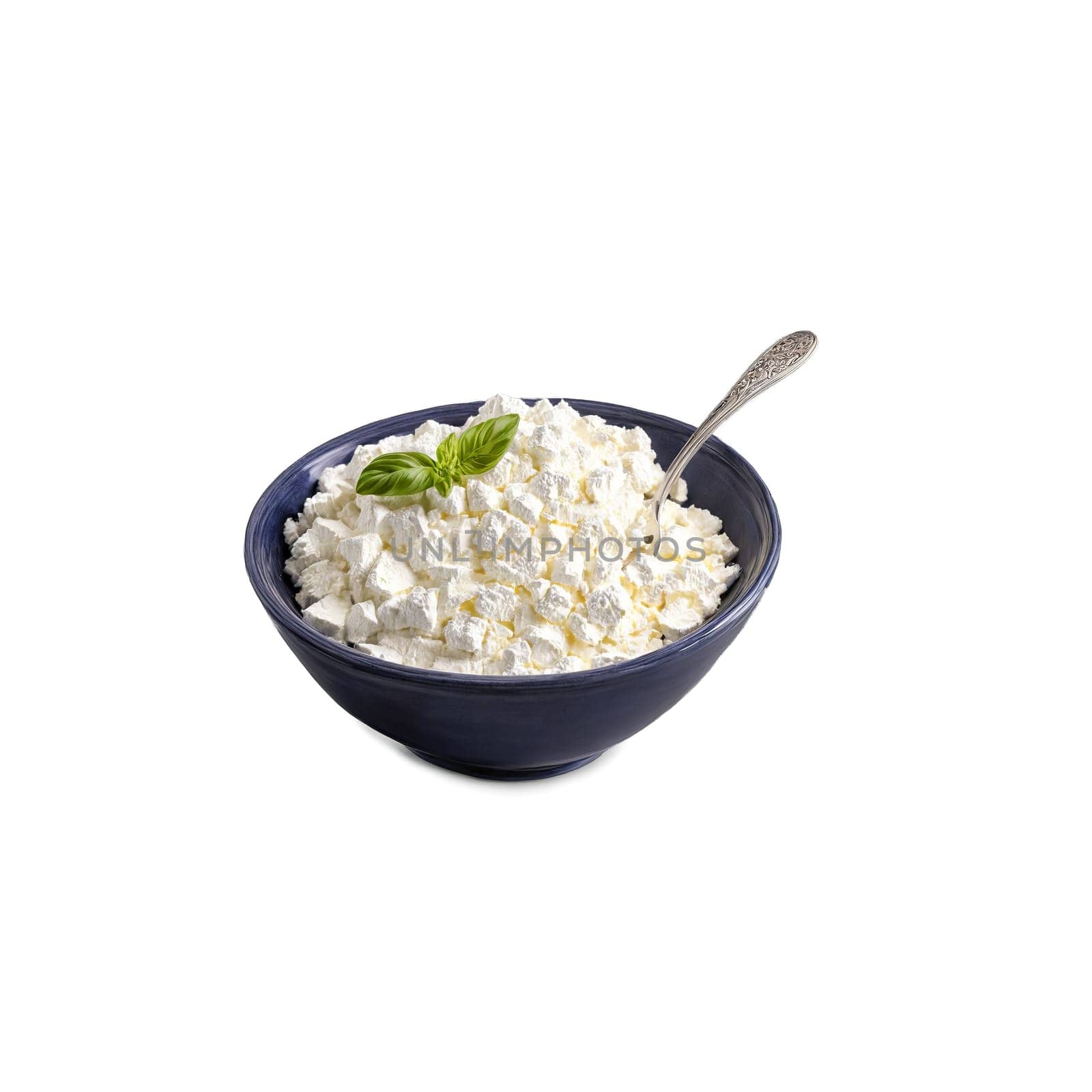 Ricotta cheese in bowl with spoon scooping and creamy texture visible Food and culinary concept. Food isolated on transparent background.