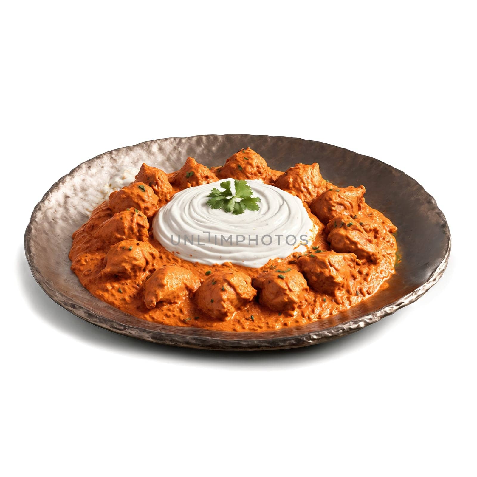 Chicken tikka masala mandala a vibrant arrangement of chicken tikka masala with yogurt sauce swirling. Food isolated on transparent background.
