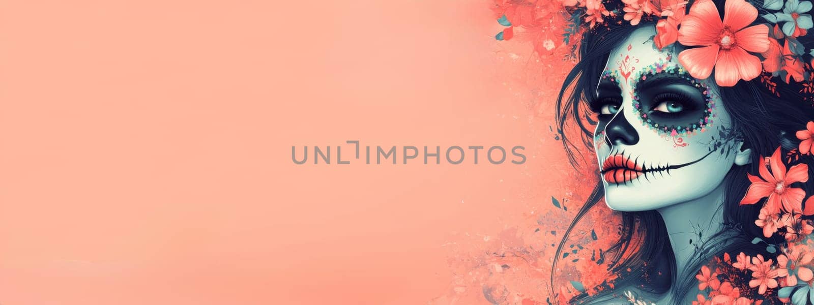 Day of the Dead Illustration. Sugar Skull girl with flowers. Concept, Dia de los Muertos, celebration of life.