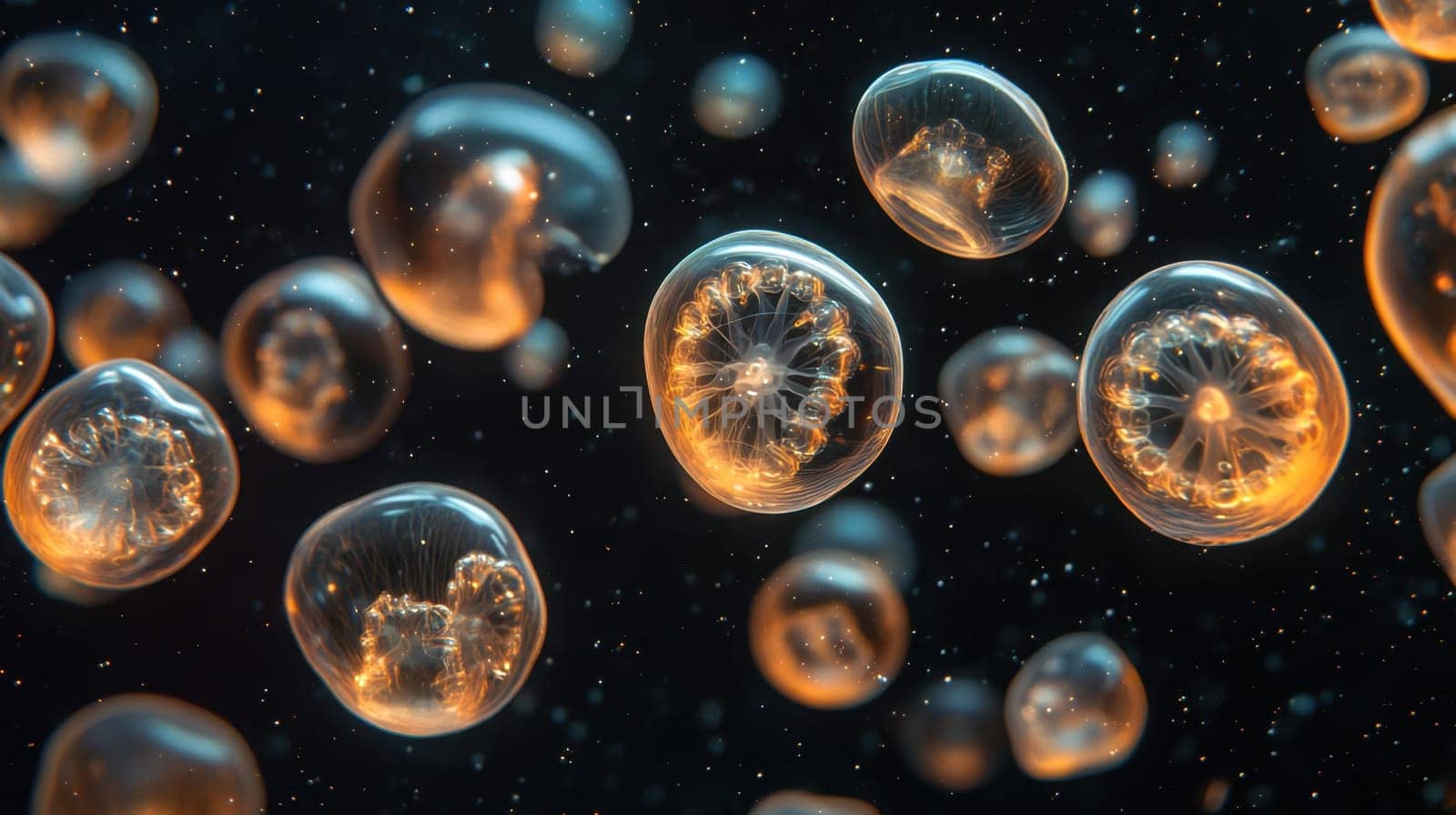 Group of Jellyfish swimming underwater in the dark ocean, marine wildlife