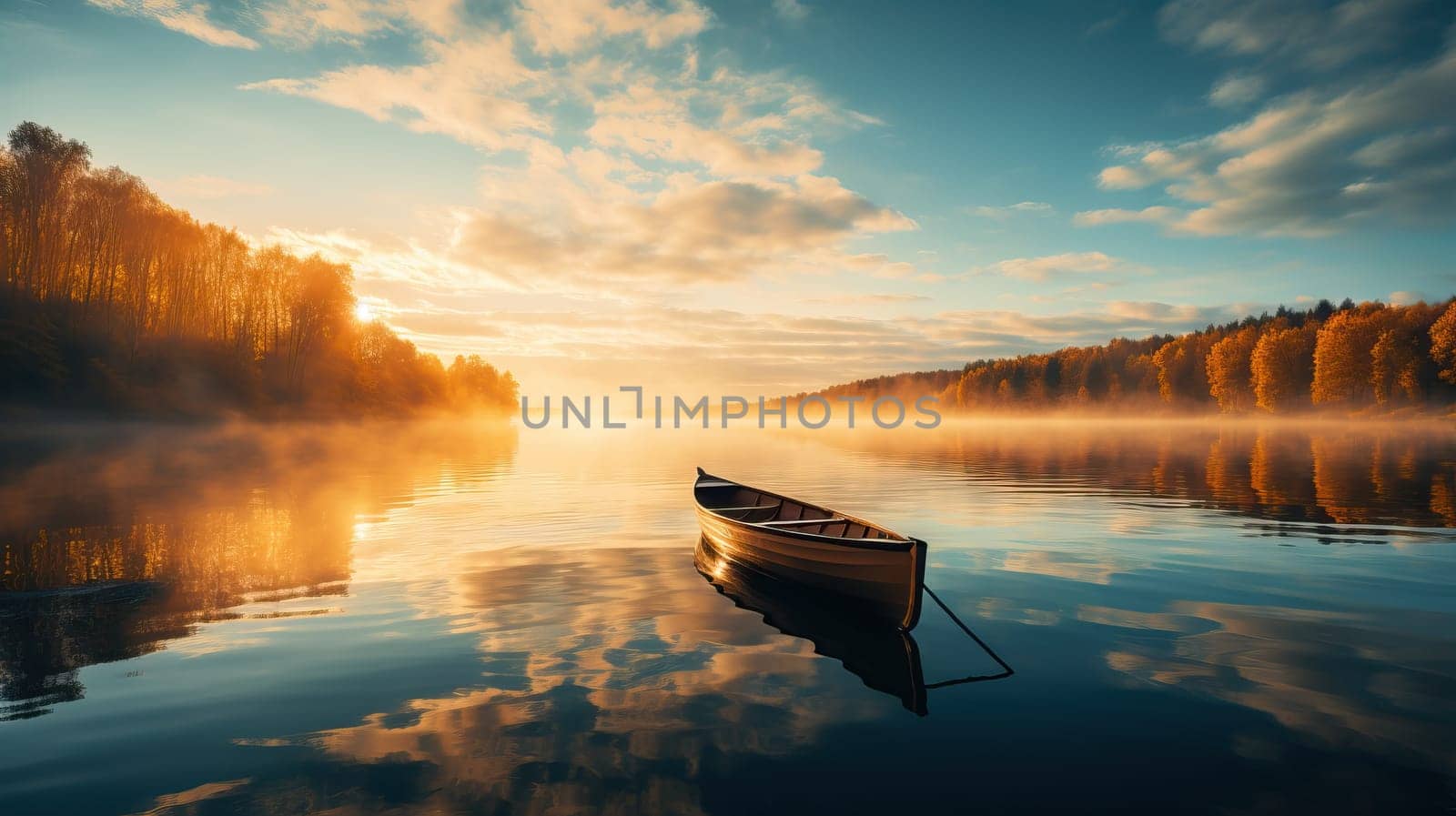 Canoe on calm foggy lake at sunrise with beautiful reflections, Tranquil autumn scene.