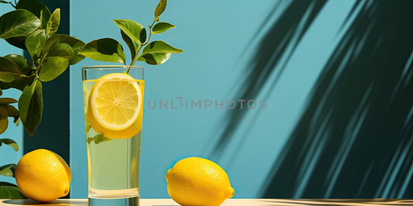 Refreshing lemonade in a glass with ice, lemon slice, and branches against a blue backdrop with lemon tree branch. 