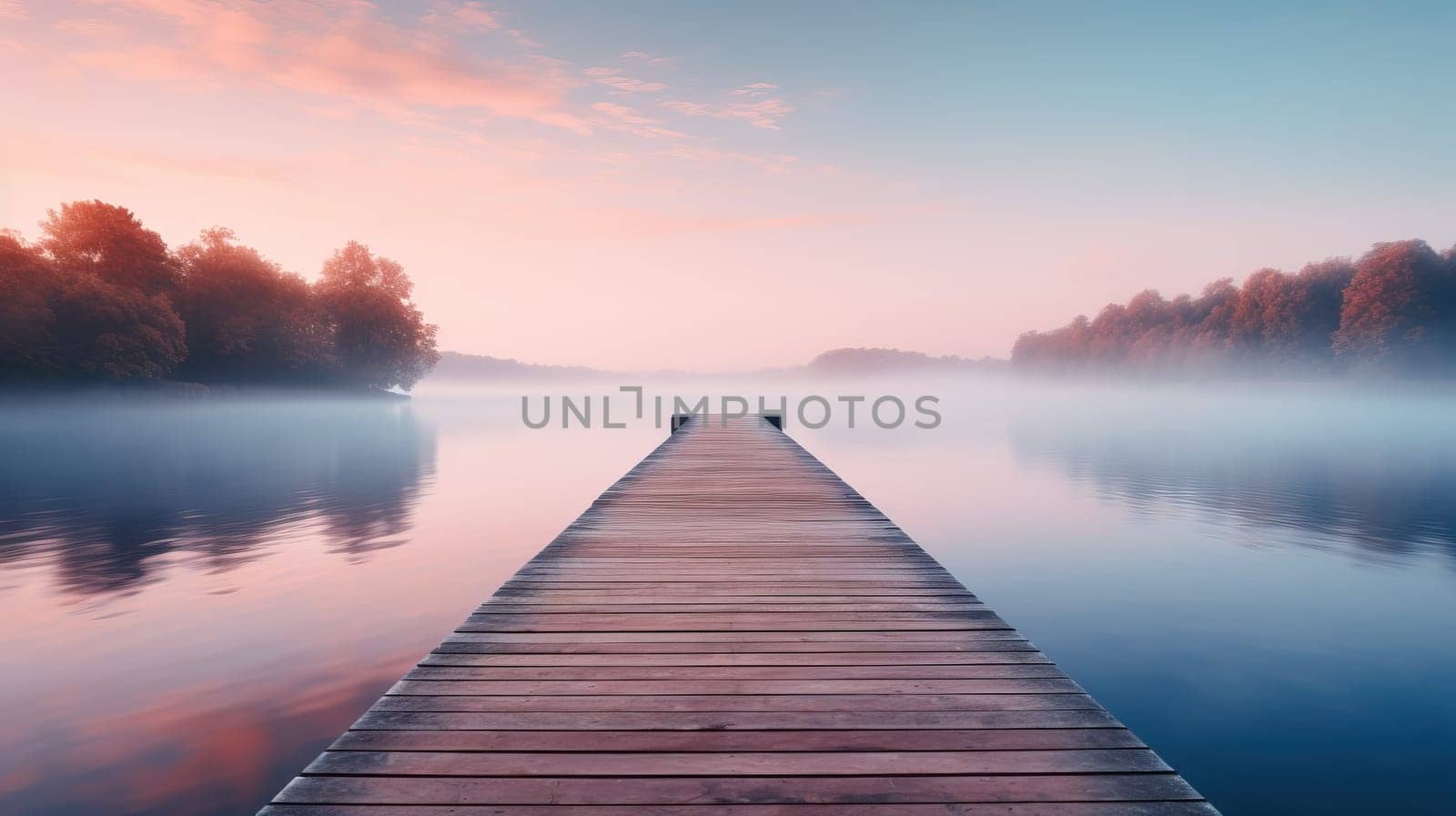 Wooden pier on a lake at sunrise with fog, Tranquil and peaceful landscape