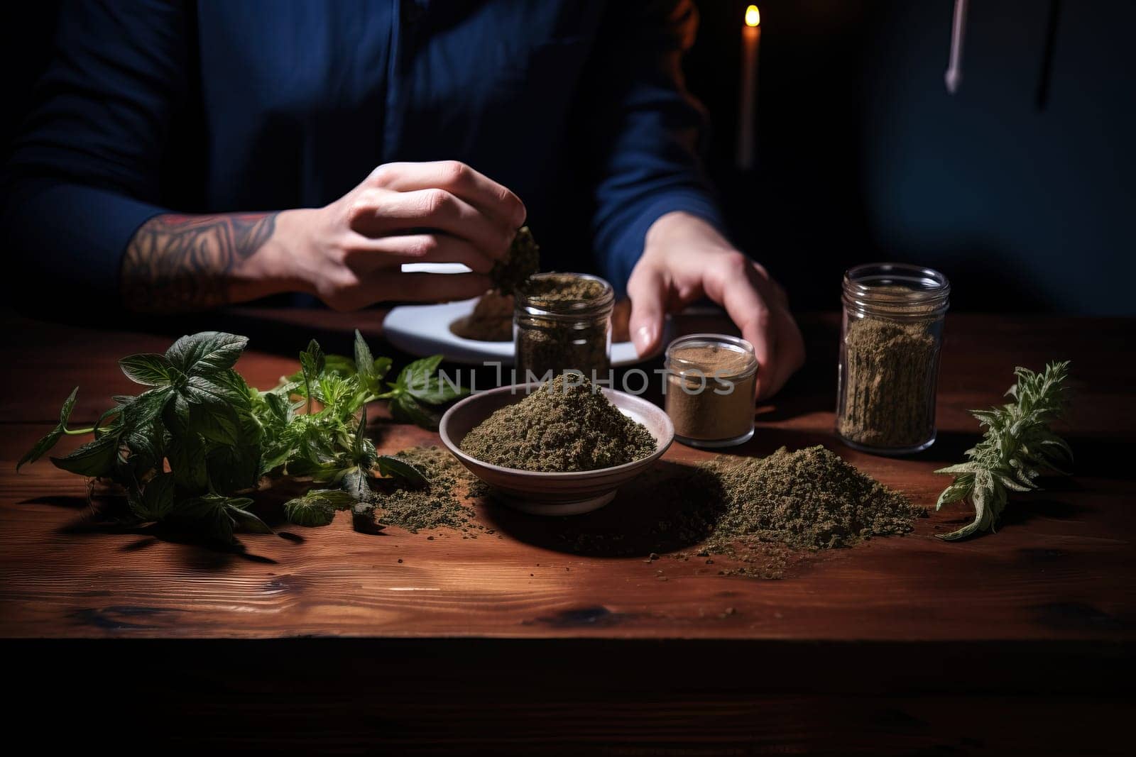 Person preparing cannabis or hemp product, Herbal medicine or alternative therapy concept.