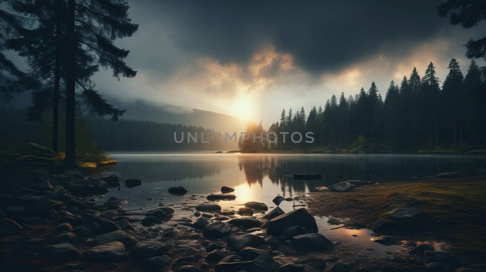 Dark and moody sunrise over a mountain lake surrounded by pine forest, Concept of nature, wilderness and tranquility.