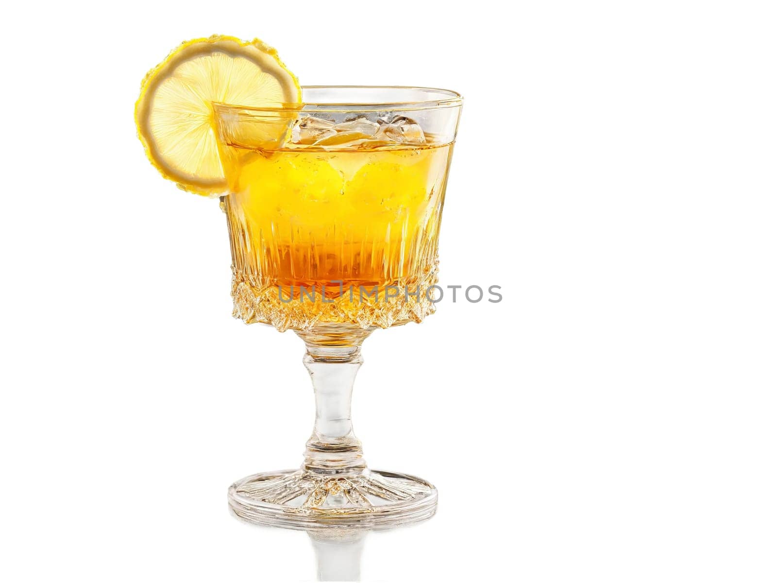 Brandy Crusta A chic old fashioned glass with amber liquid sugar rim and lemon twist. Drink isolated on transparent background.
