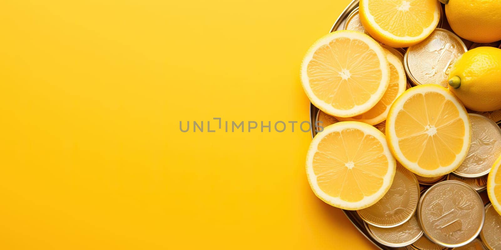 Fresh lemons and sliced lemons on a yellow background, Concept of citrus fruits and freshness.