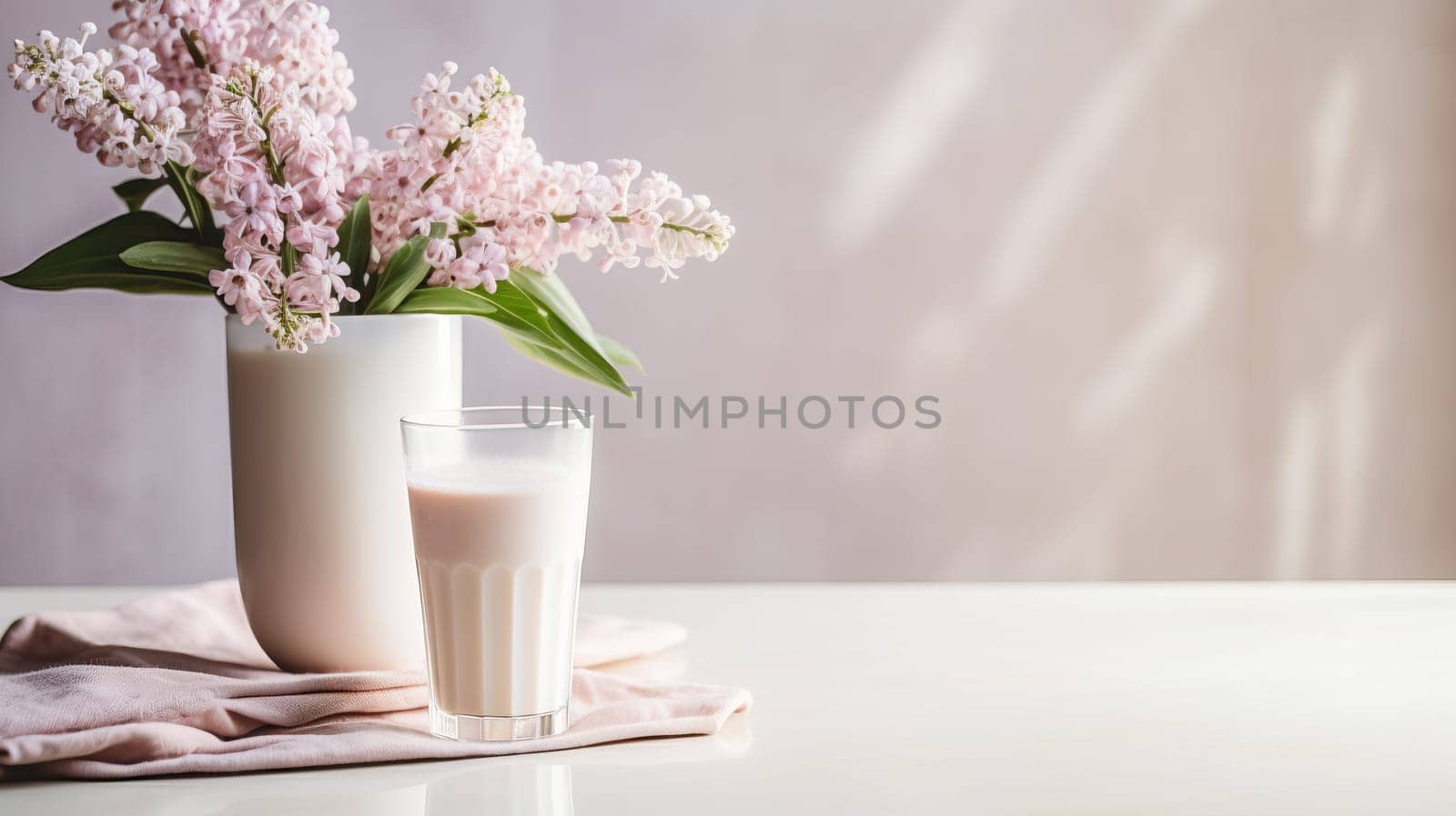 A glass of milk stands on a white table next to a vase of lilacs. Minimalist breakfast concept with copy space.