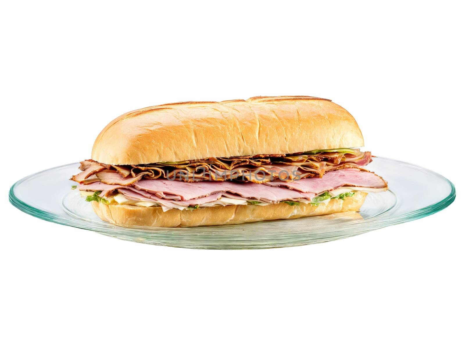 Cubano sandwich with roasted pork ham and Swiss cheese served on a transparent glass dish. Food isolated on transparent background.