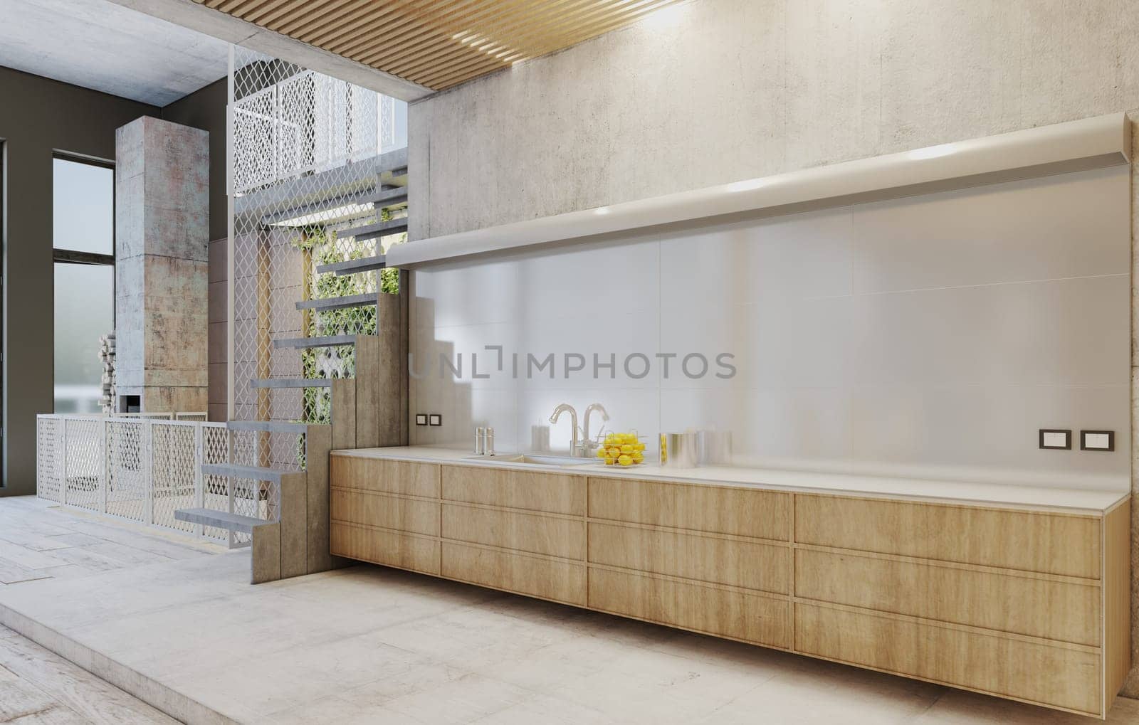 Minimalist kitchen with industrial design and open space. 3d render