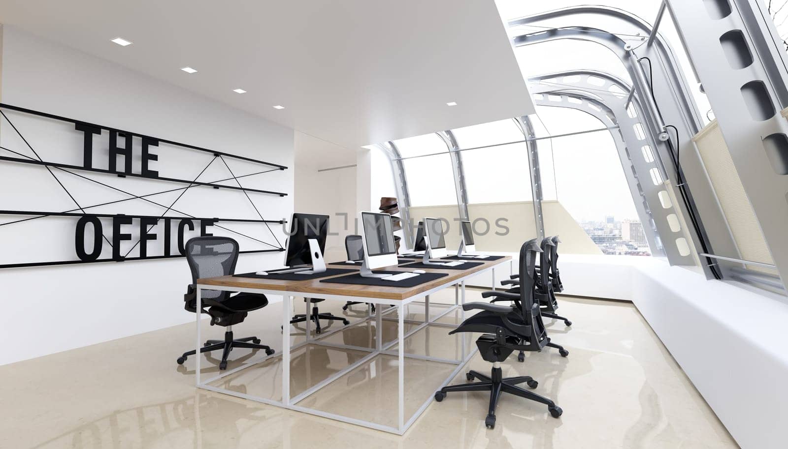 Modern office space with sleek design and technology. 3d render