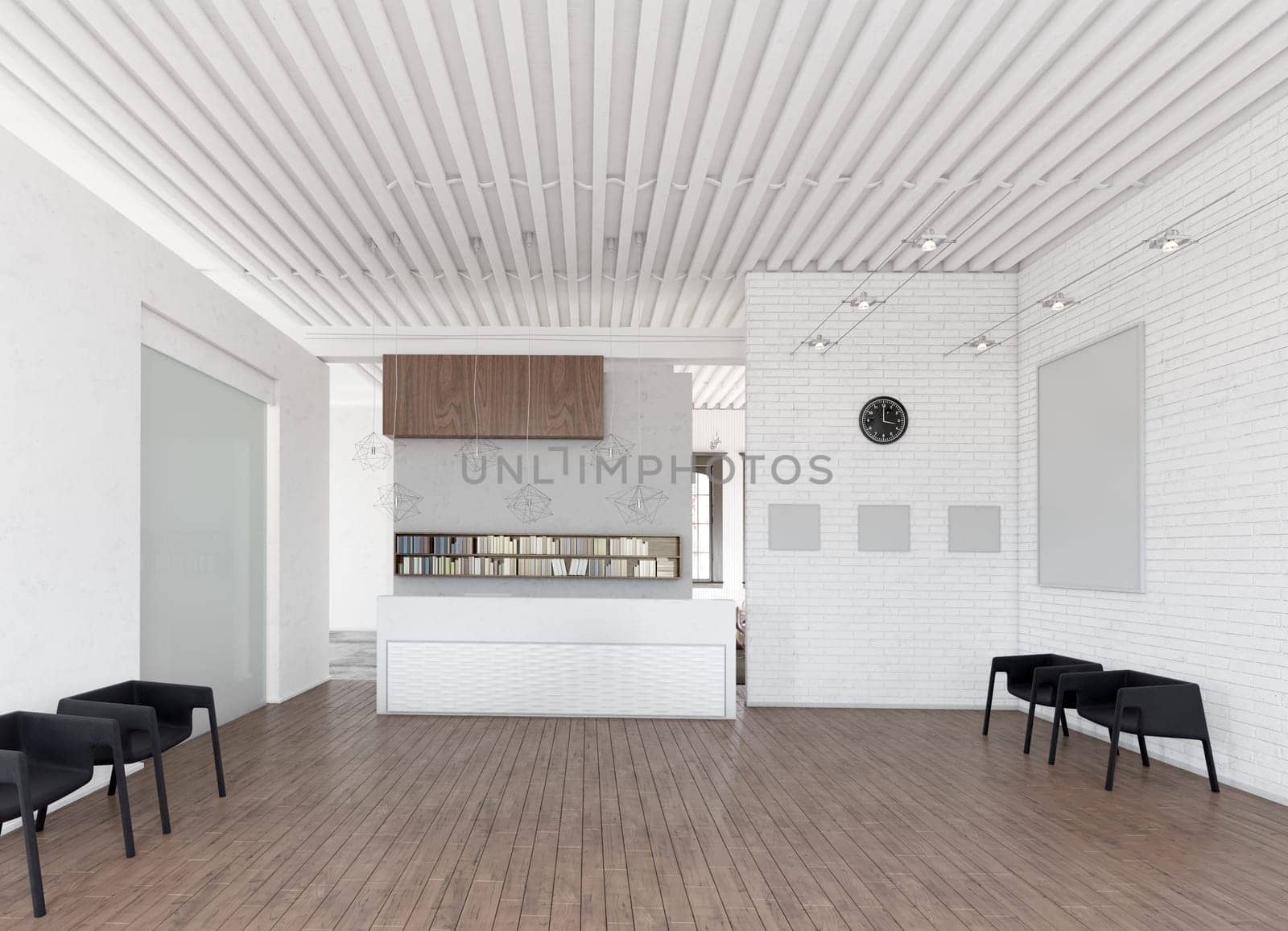 Modern reception area with minimalist design and bookshelves. (3d render)