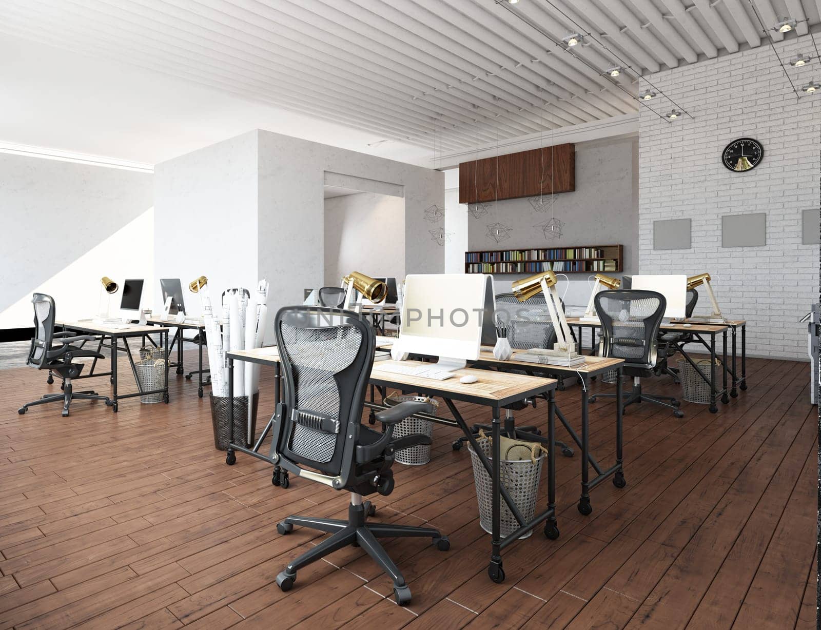 Open, collaborative office space with industrial design. 3d render