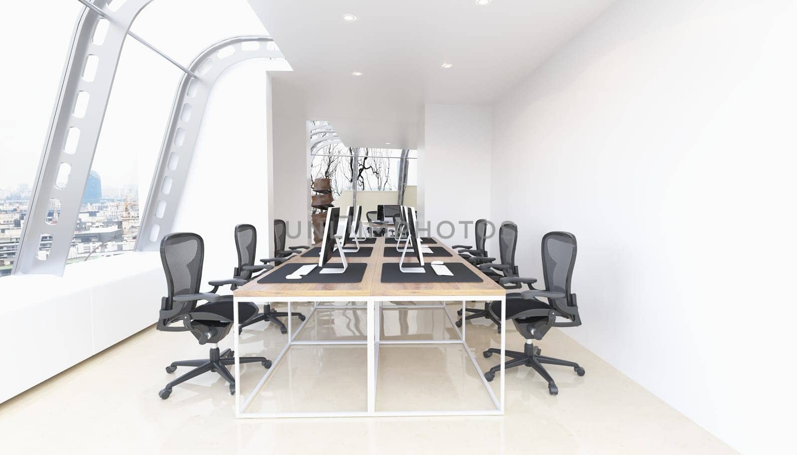 Modern office space with sleek design and technology. 3d render