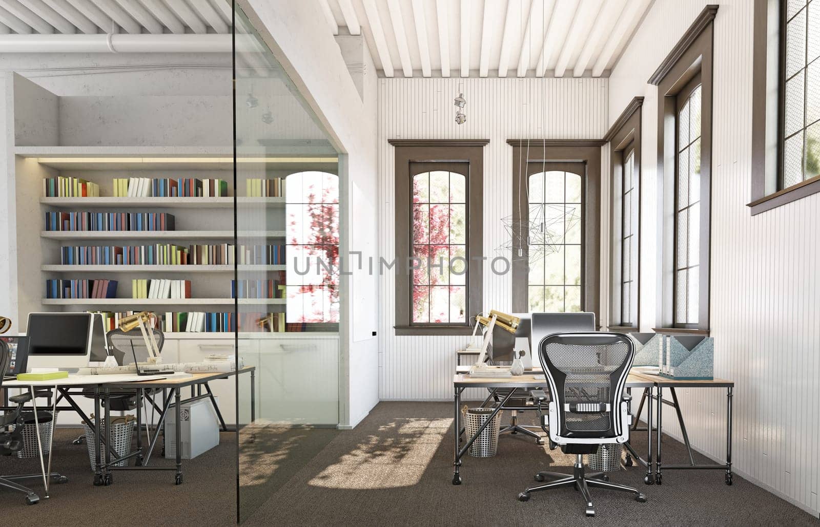 Open, collaborative office space with industrial design. 3d render