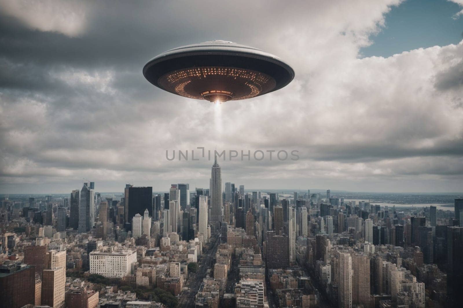 A flying saucer mesmerizes onlookers as it hovers over a sprawling metropolis, defying the laws of gravity.