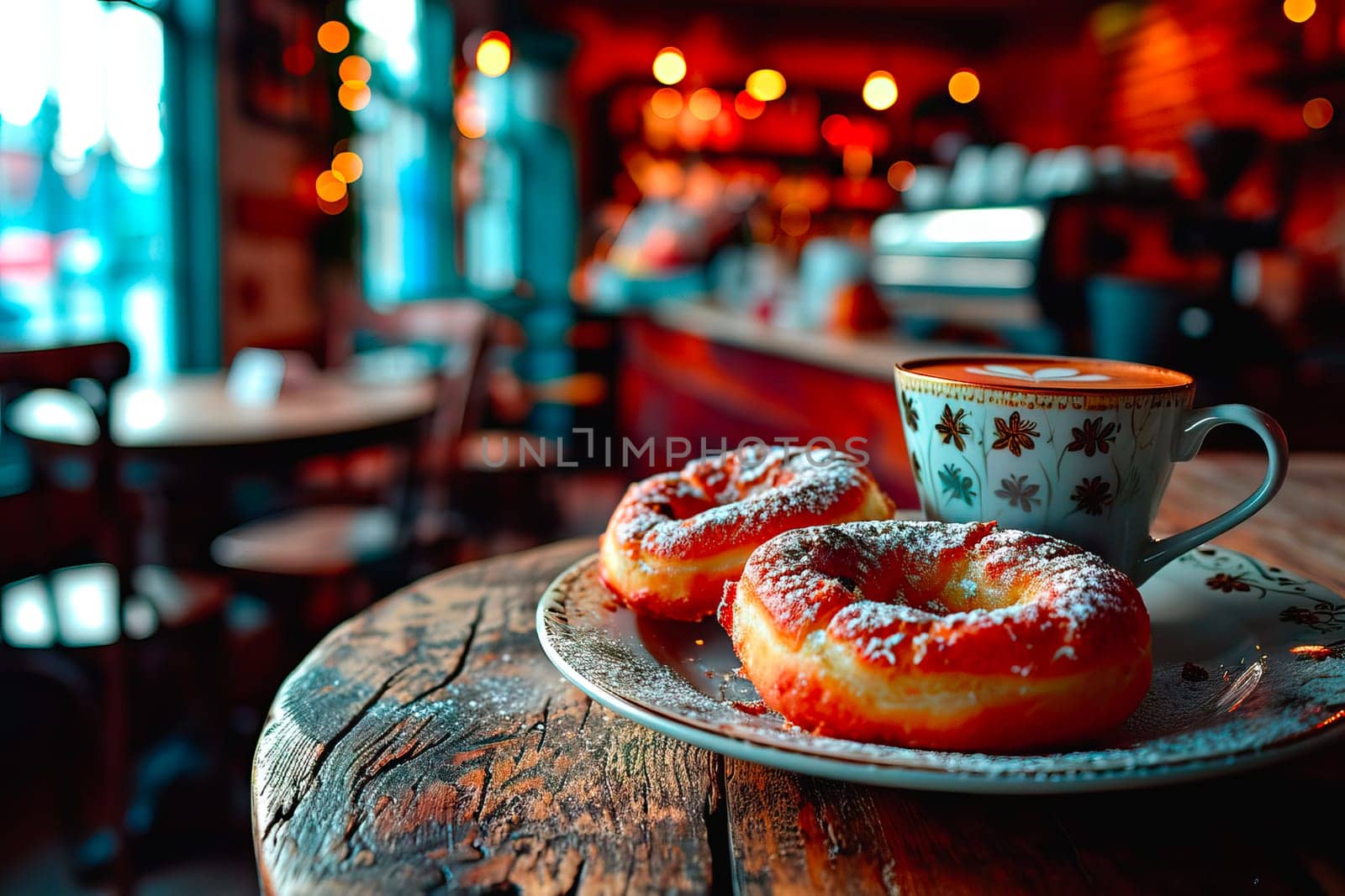 A cozy café scene with a powdered doughnut and cappuccino on a rustic wooden table. Warm brown tones create a comfortable and inviting ambiance.