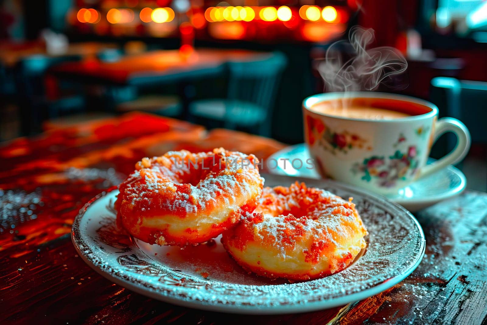 A warm caf setting featuring a powdered doughnut and cappuccino on a wooden table. The cozy atmosphere and brown hues create a welcoming environment.