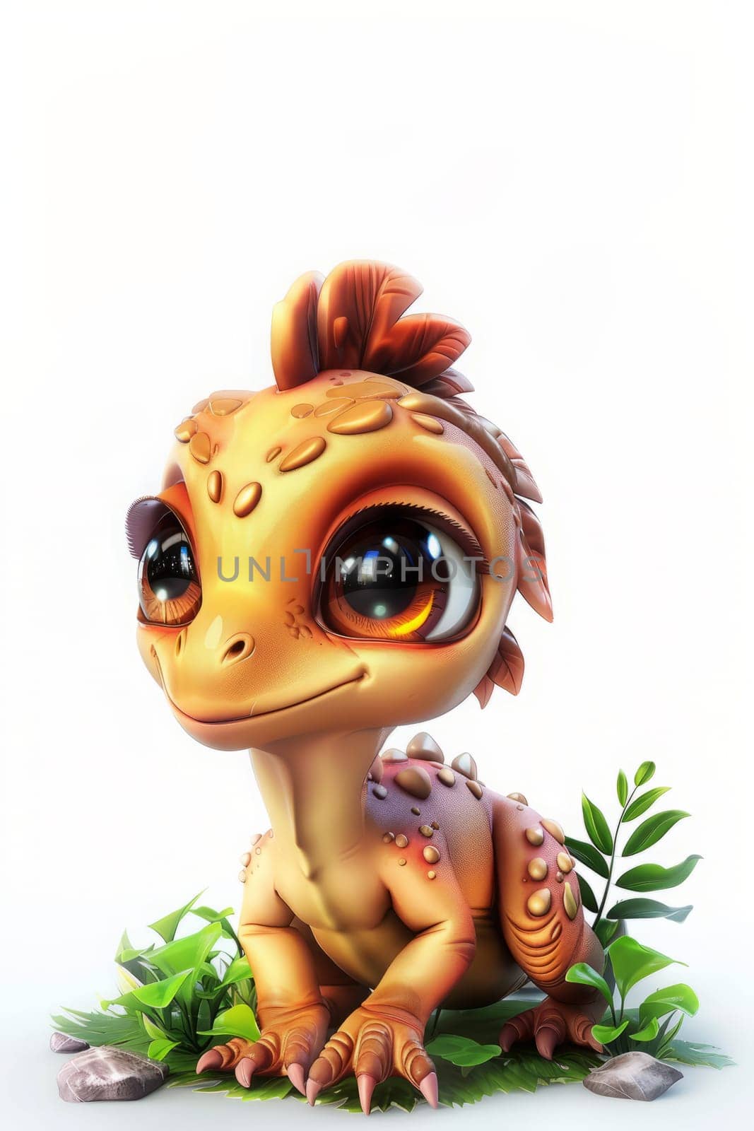 Adorable baby therizinosaurus with greenery surrounding on white background. baby