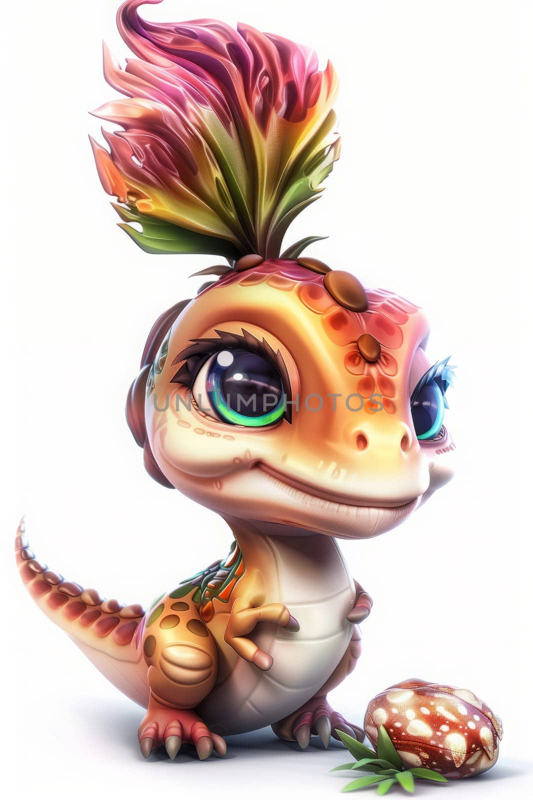 Adorable baby oviraptor with leaf plumage on white background for children's decor. baby