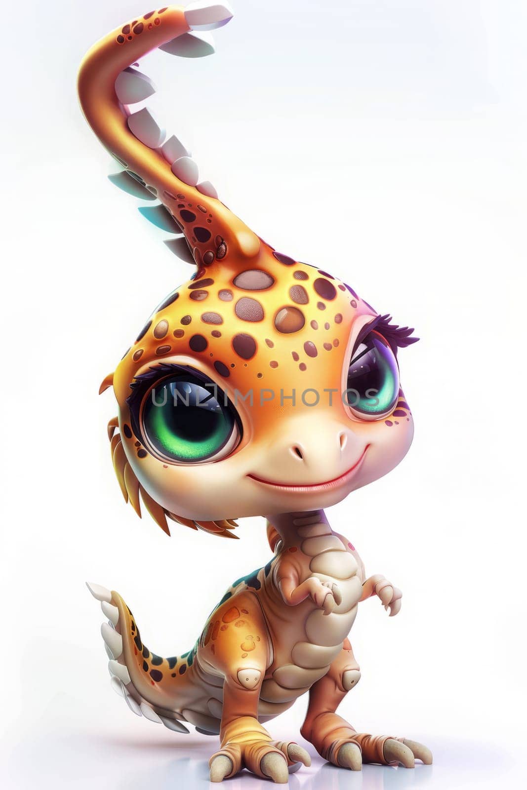 Charming baby oviraptor dinosaur with spots and large eyes isolated on white. baby