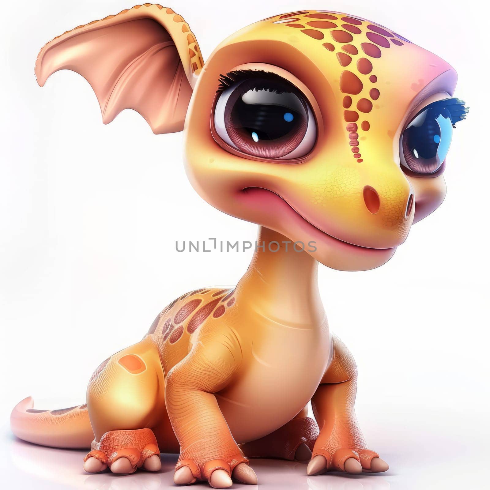 Adorable baby gallimimus with big eyes and spotted skin on white background. baby
